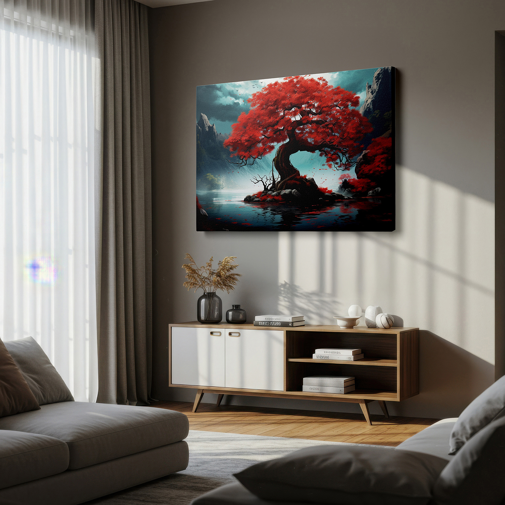 Set in a minimalist interior with textured walls and soft rugs — red maple majesty over peaceful lake, autumn beauty in quiet nature, large wall art, canvas wall art, wall decor for office and bedroom