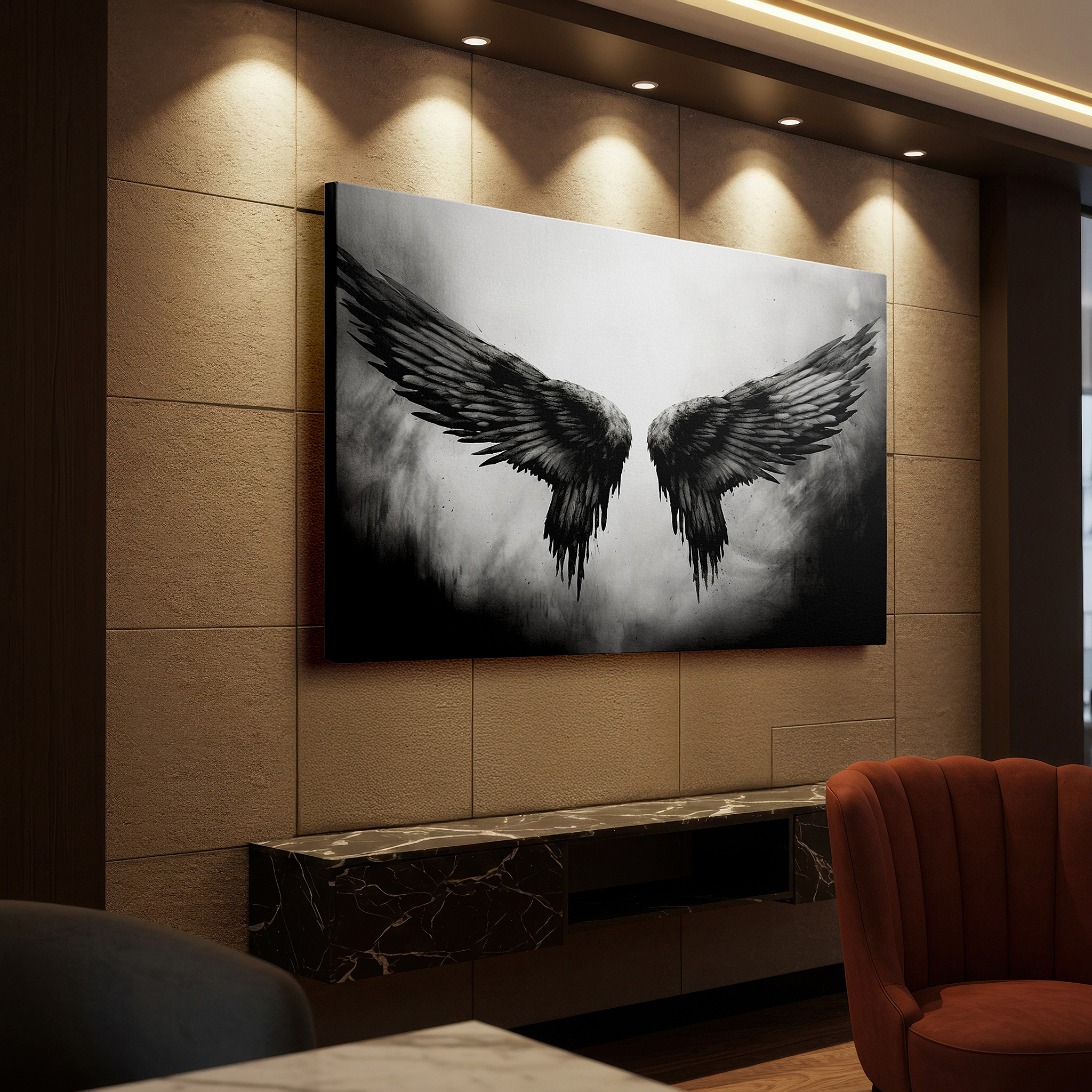 Set in a minimalist interior with textured walls and soft rugs — resilient black wings on textured grunge background - large canvas wall art for office, bedroom, and living room decor
