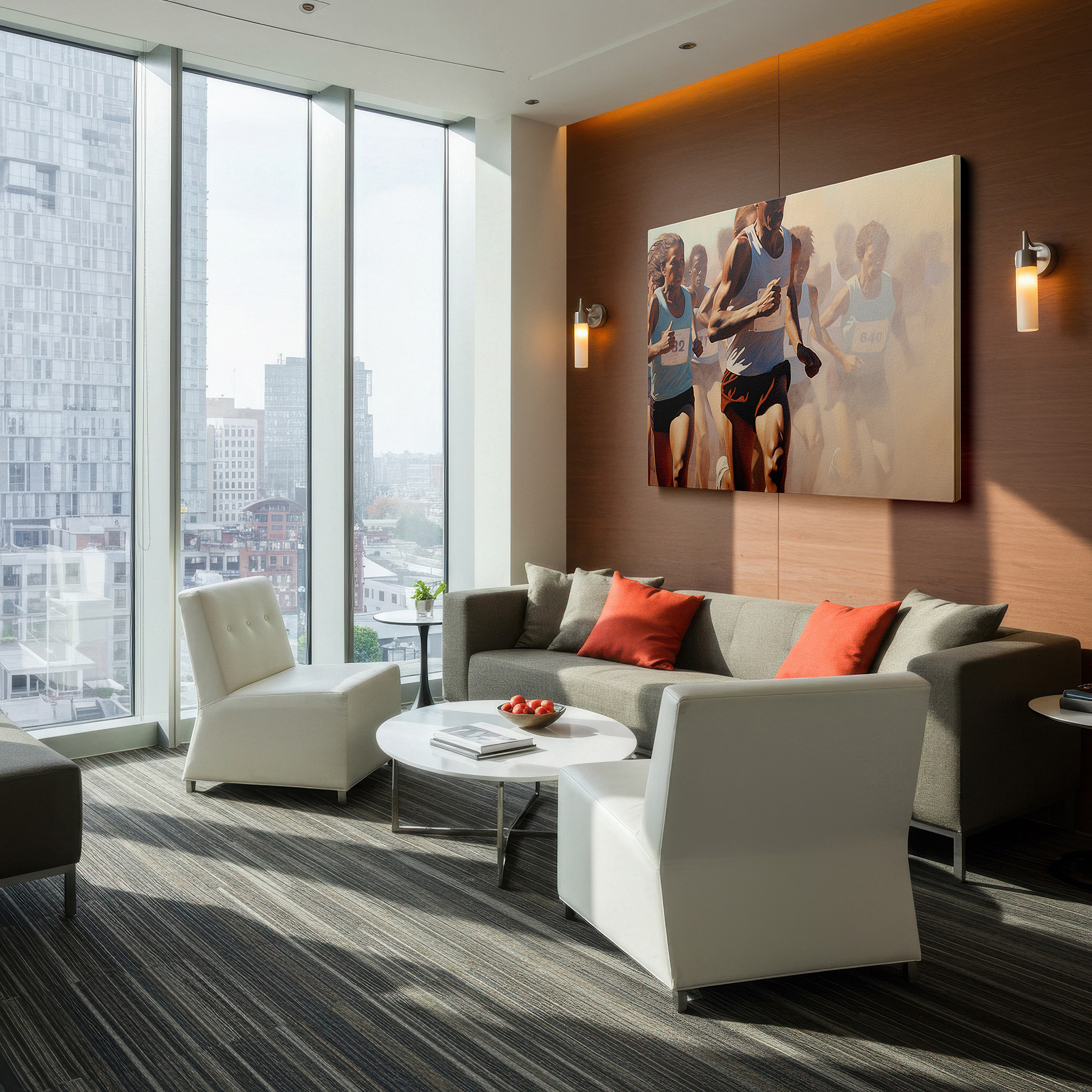 Set in a minimalist interior with textured walls and soft rugs — runners in motion: a striking display of focus, determination, and unity - large wall art, canvas wall art, wall decor for office and bedroom
