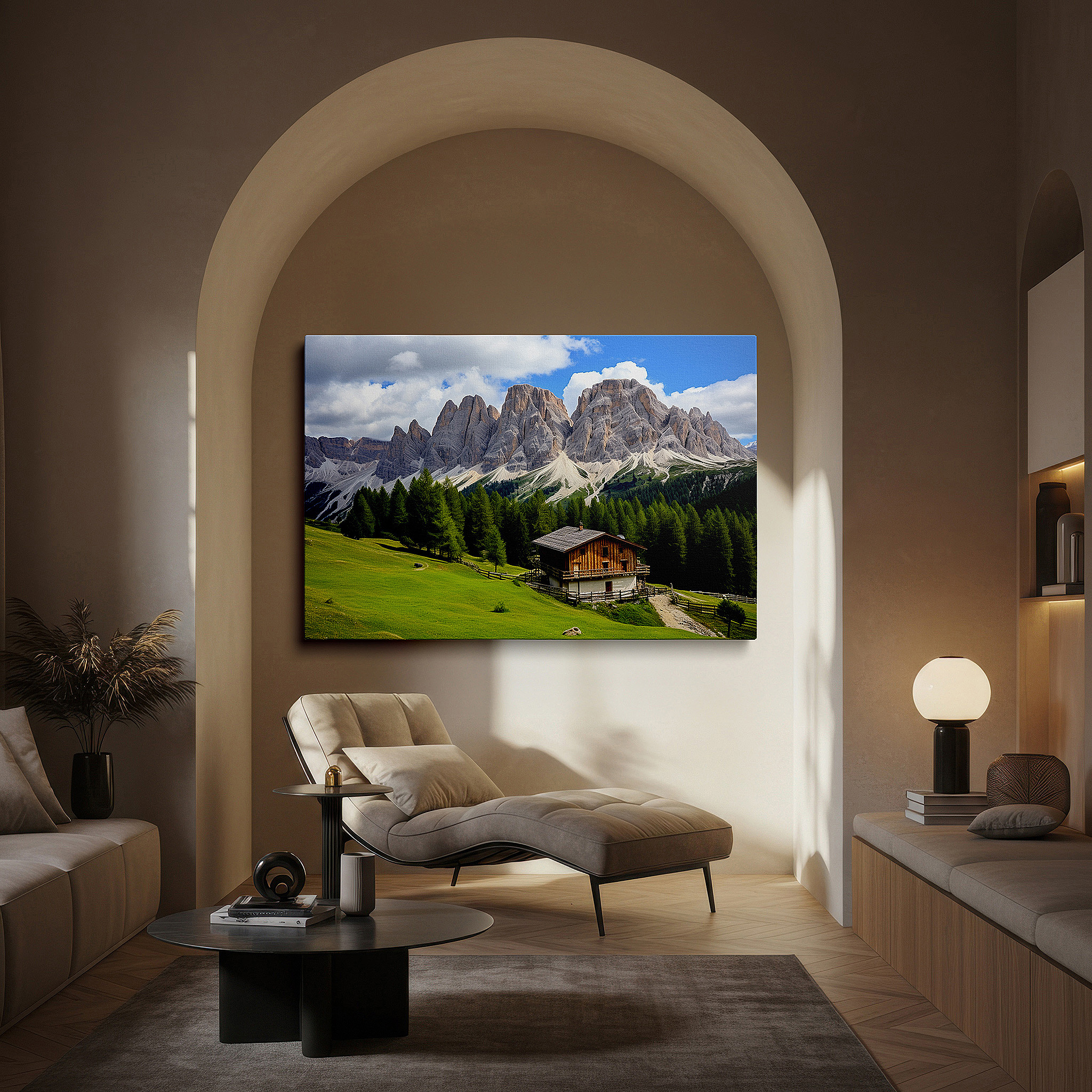 Set in a minimalist interior with textured walls and soft rugs — rustic cabin amidst lush meadows with majestic dolomite peaks - large wall art for office, bedroom, and living room decor