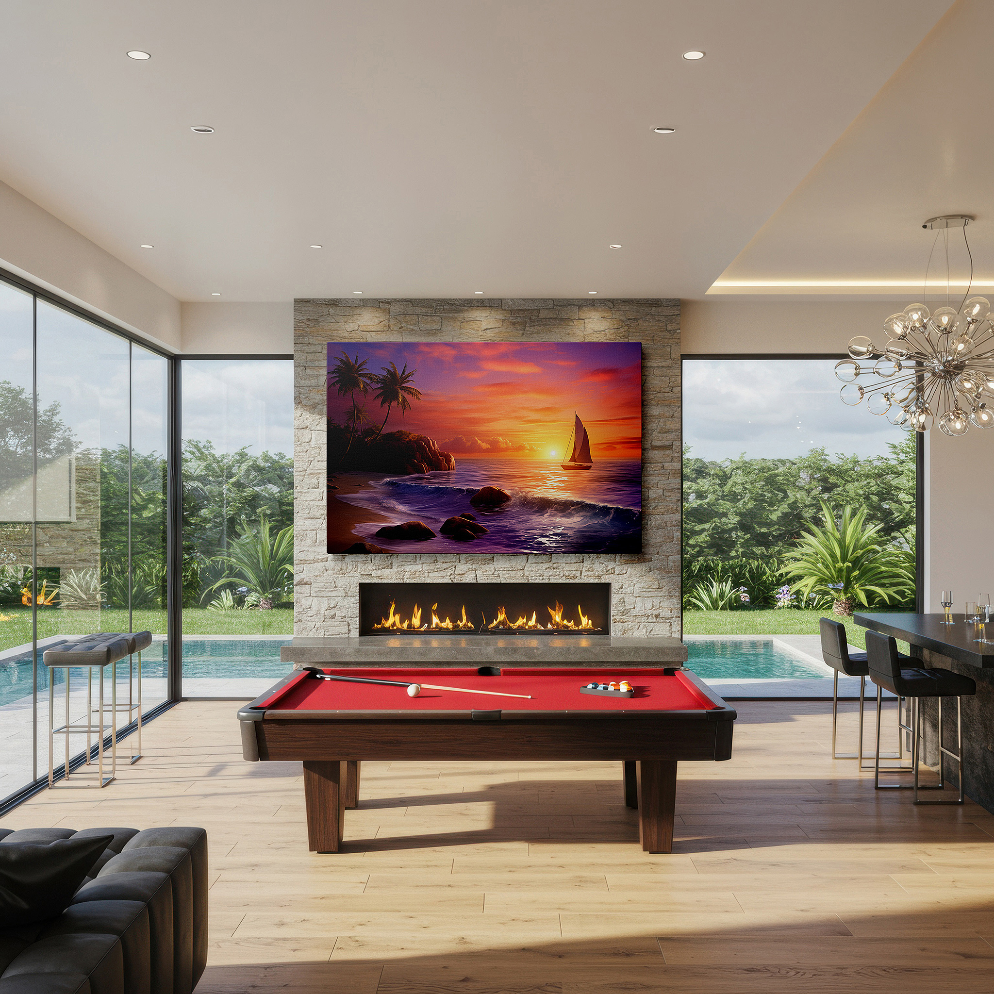 Set in a minimalist interior with textured walls and soft rugs — sailboat at sunset - serene journey over reflective waves large wall art, canvas wall art, wall decor for office and bedroom