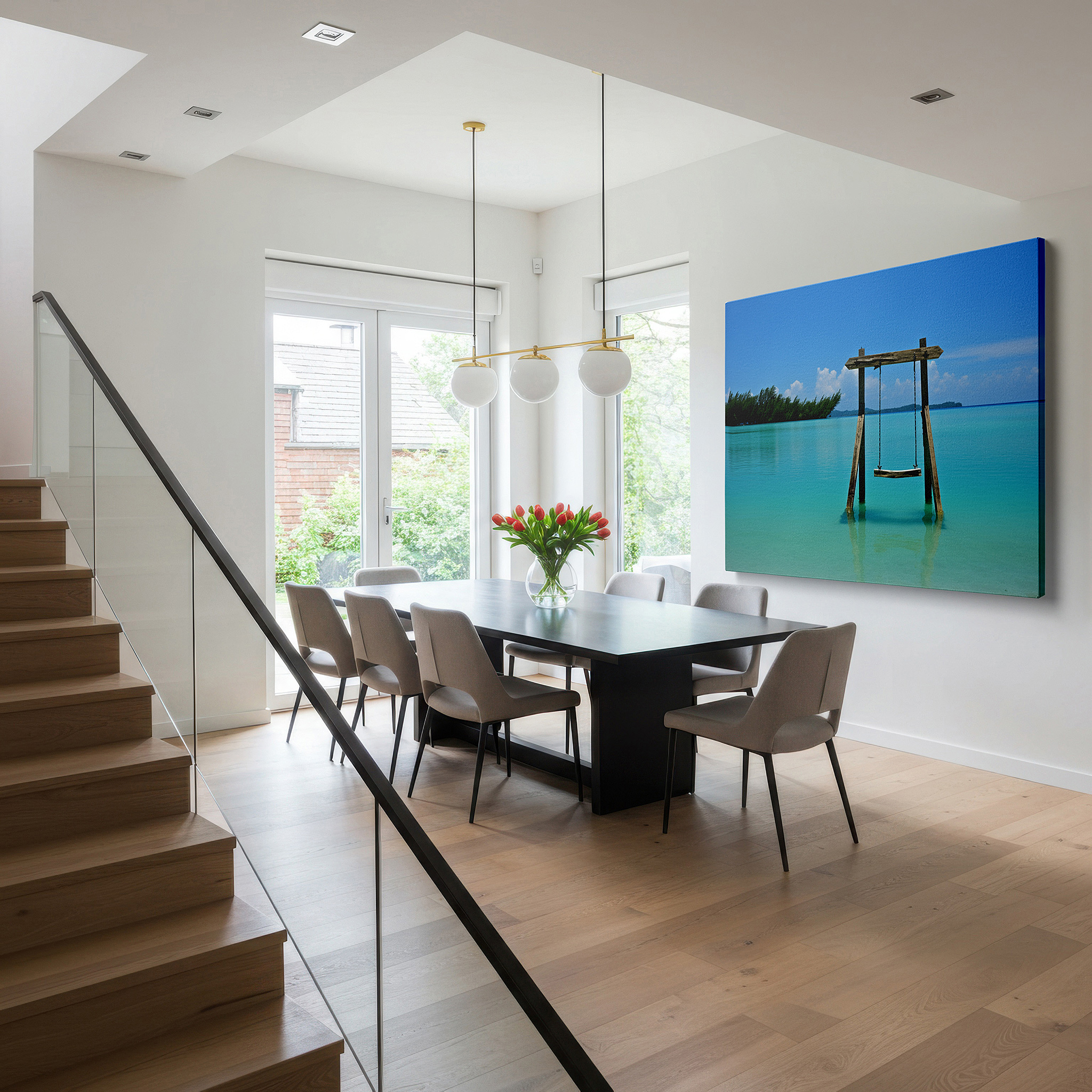 Set in a minimalist interior with textured walls and soft rugs — serene beach landscape featuring a lone swing above turquoise waters - large canvas wall art for office, bedroom, and living room decor