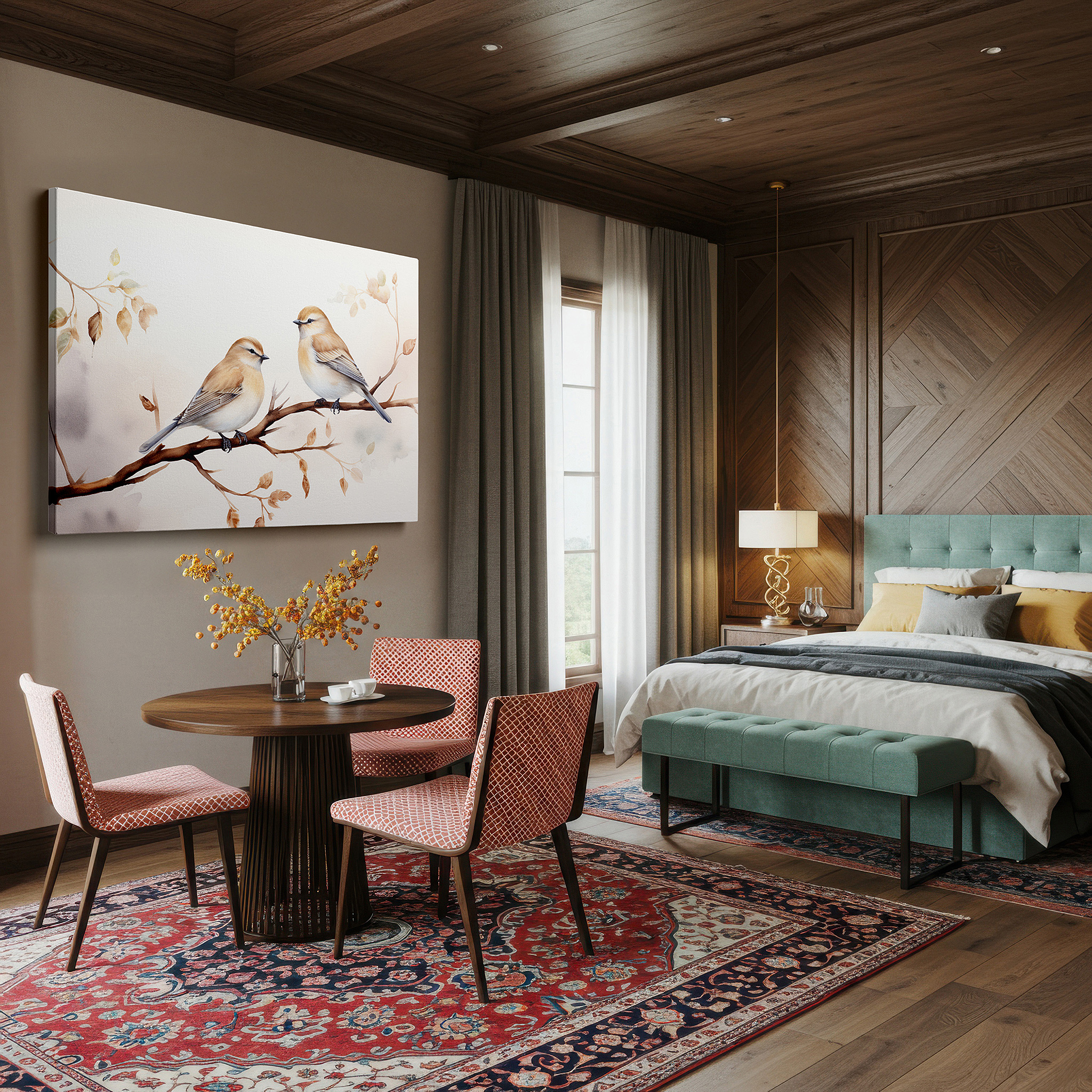 Set in a minimalist interior with textured walls and soft rugs — serene birds on a branch depicting love and peace in nature, large canvas wall art for home and office decor