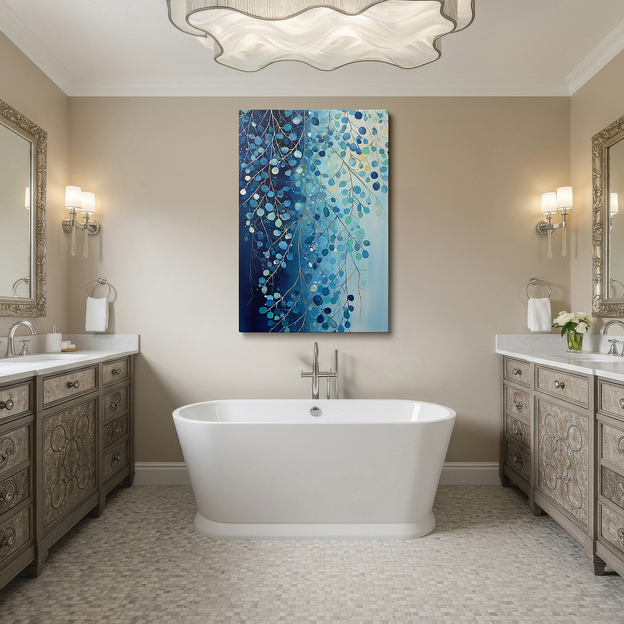 Set in a minimalist interior with textured walls and soft rugs — serene blue leaves: large canvas wall art evoking tranquility and nature's peace for office and bedroom decor