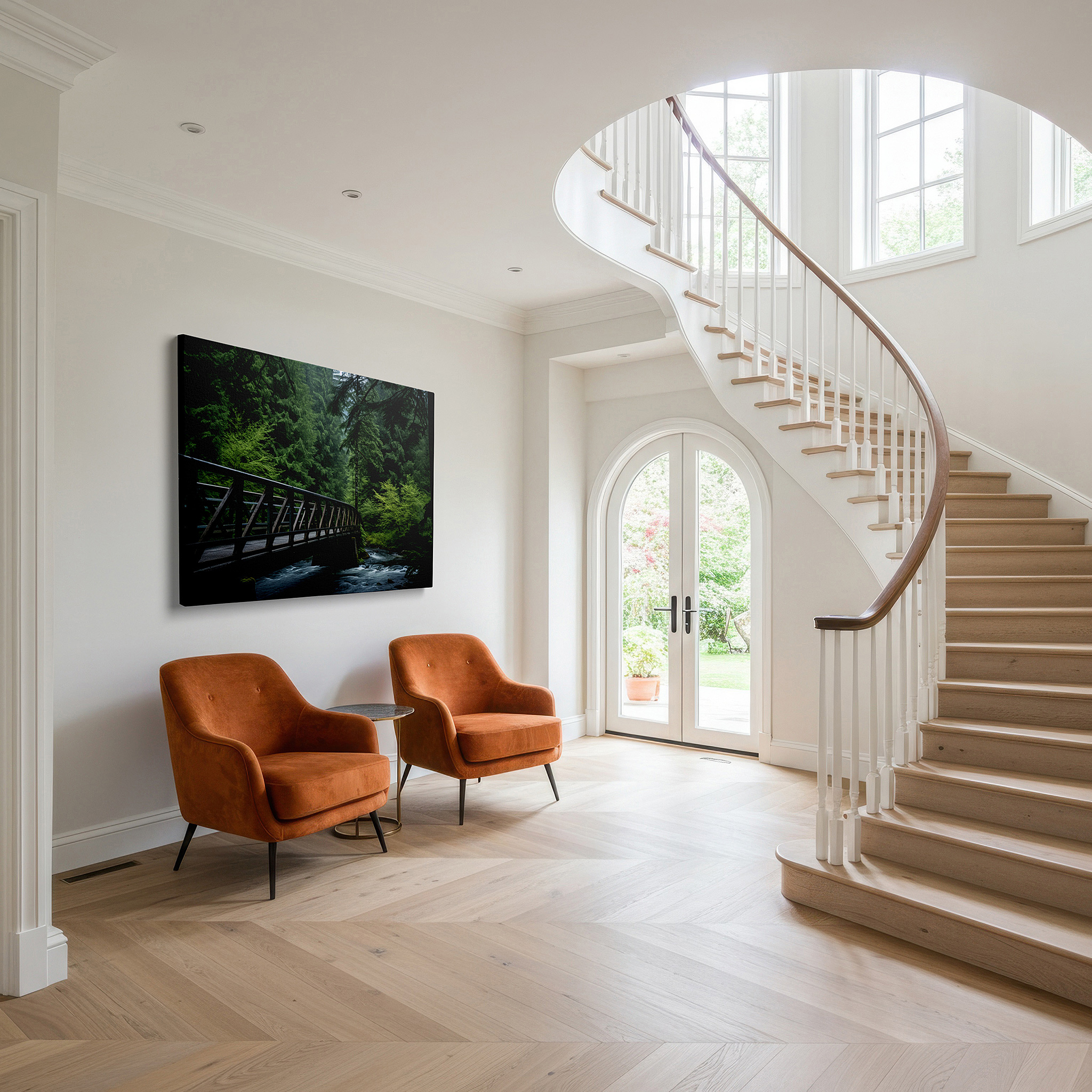 Set in a minimalist interior with textured walls and soft rugs — serene bridge over calm stream surrounded by verdant foliage large wall art, canvas wall art, wall decor for office, bedroom, and living room