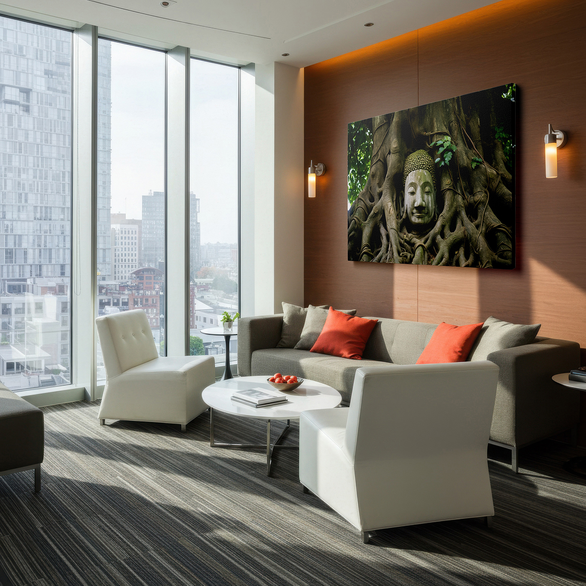 Set in a minimalist interior with textured walls and soft rugs — serene buddha amidst ancient roots - tranquility and wisdom themed large wall art, canvas wall art, wall decor for office and bedroom