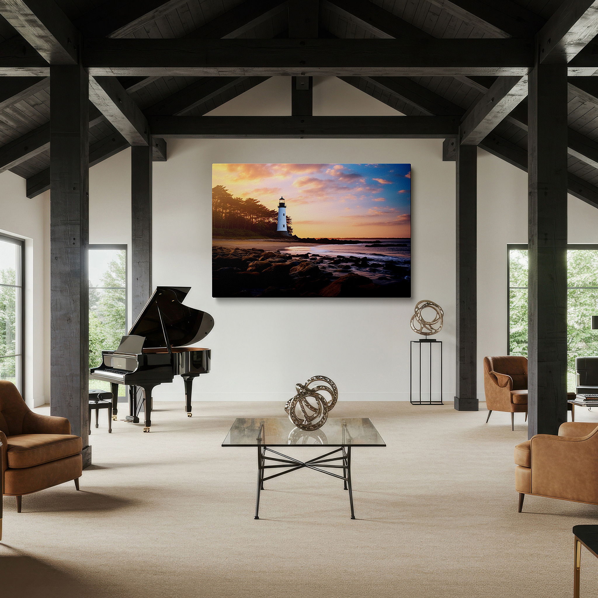 Set in a minimalist interior with textured walls and soft rugs — serene coastal lighthouse at sunset: large wall art featuring fiery skies and gentle waves, ideal for office and bedroom decor