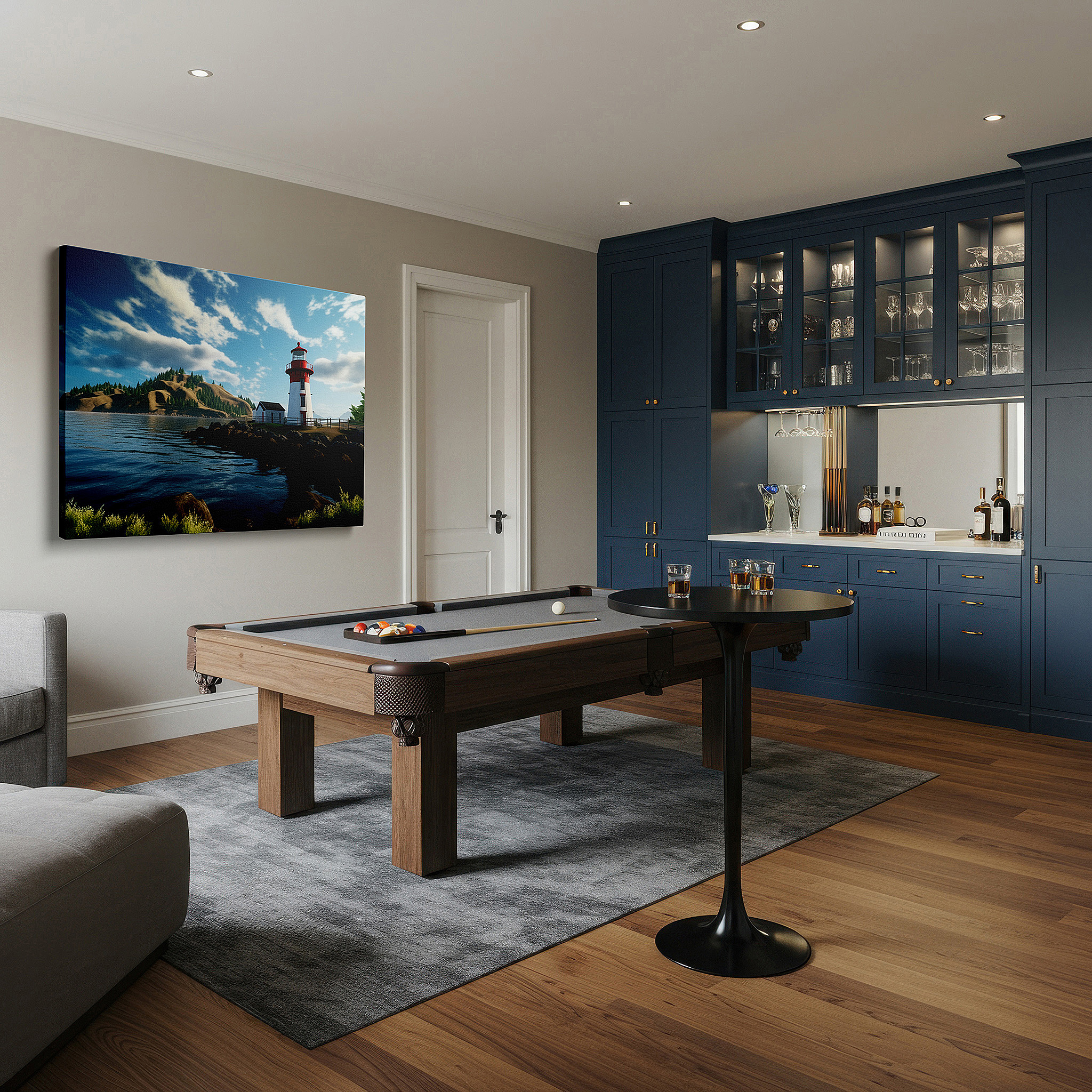 Set in a minimalist interior with textured walls and soft rugs — serene coastal scene featuring prominent lighthouse surrounded by verdant greenery and tranquil waters - large canvas wall art for home and office decor