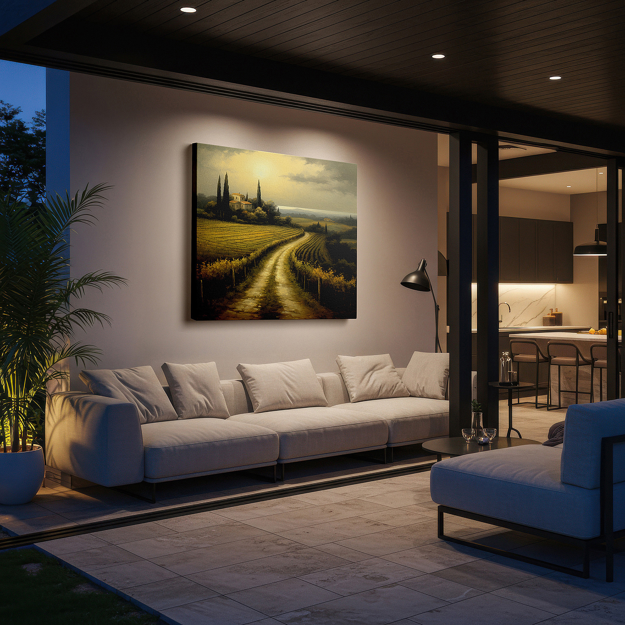 Set in a minimalist interior with textured walls and soft rugs — serene country road canvas wall art: vibrant vineyards under golden sunlight - ideal for office, bedroom, and home decor