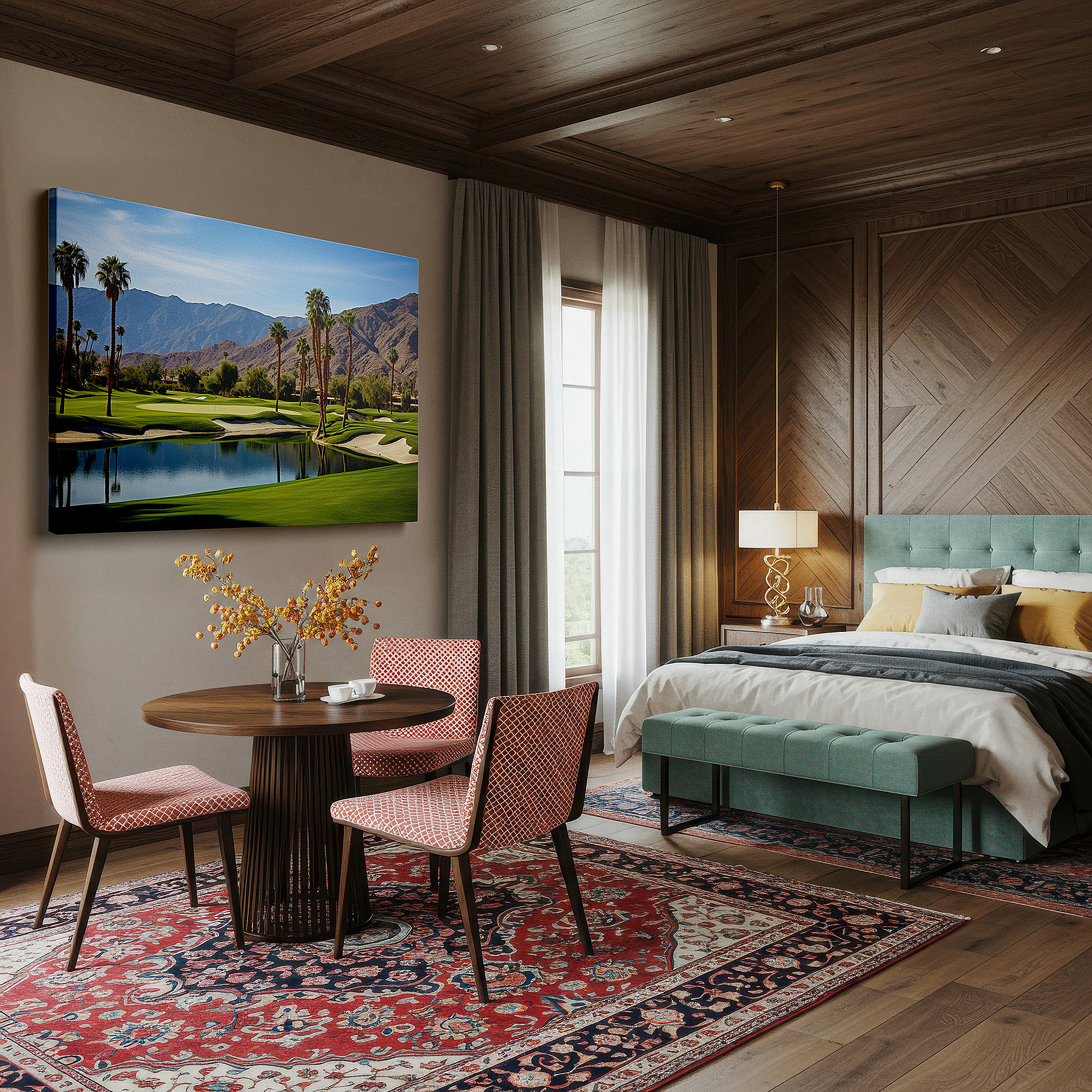 Set in a minimalist interior with textured walls and soft rugs — serene greens and active sports merge in a vibrant golf course oasis: large wall art, canvas wall art, wall decor for office and bedroom