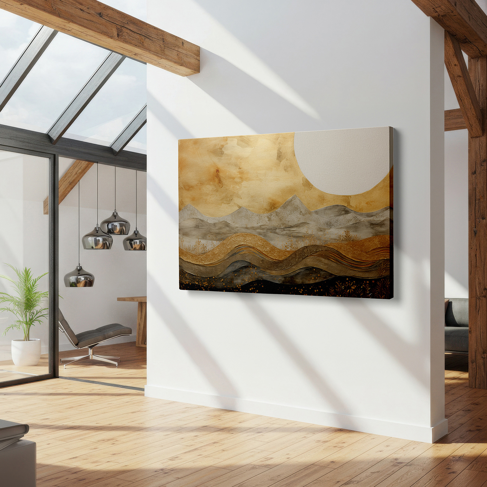 Set in a minimalist interior with textured walls and soft rugs — serene hills and valleys in warm gold tones, tranquil abstract landscape large wall art, canvas wall art, wall decor for office and bedroom