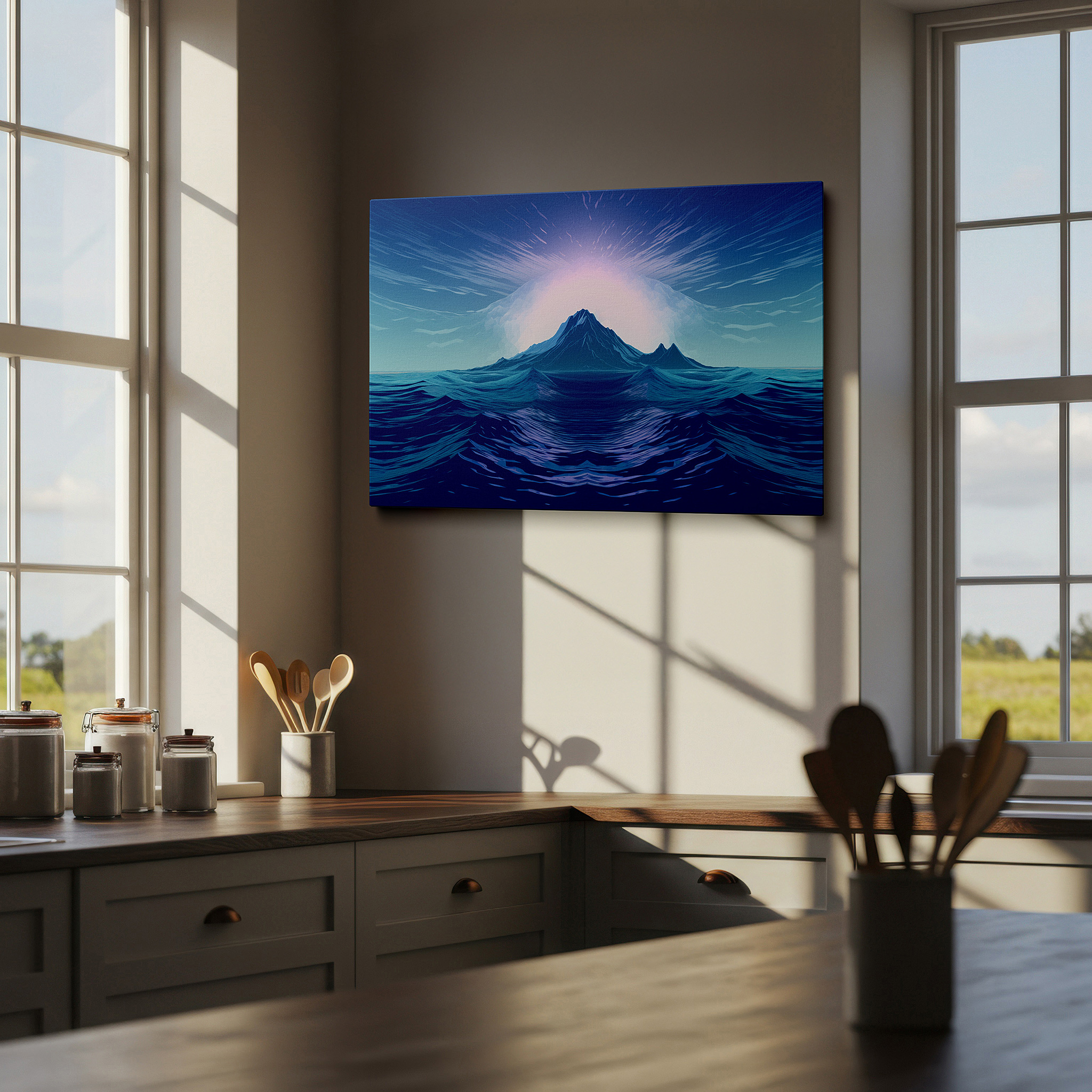 Set in a minimalist interior with textured walls and soft rugs — serene island dawn surrounded by peaceful waters, tranquil nature escape large wall art, canvas wall art, wall decor for office and bedroom
