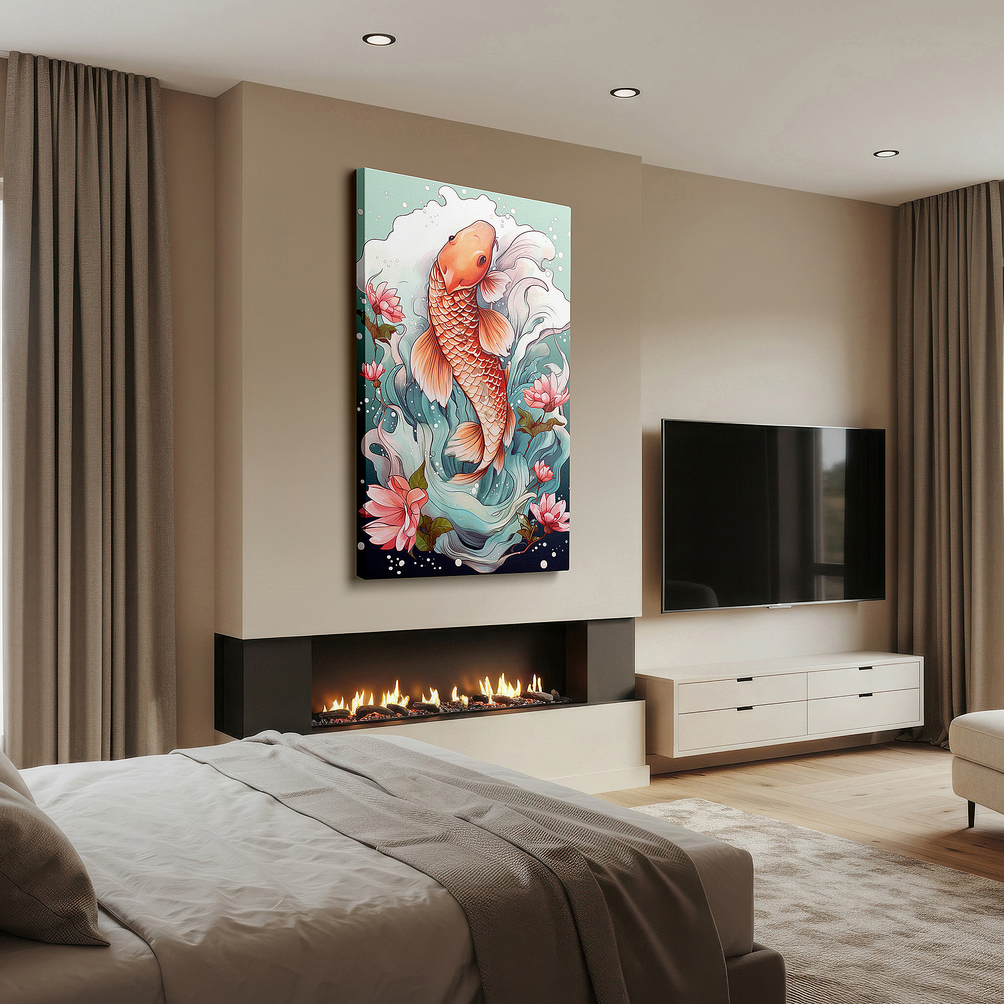 Set in a minimalist interior with textured walls and soft rugs — serene koi fish with swirling waters and delicate blossoms large canvas wall art for office and bedroom decor