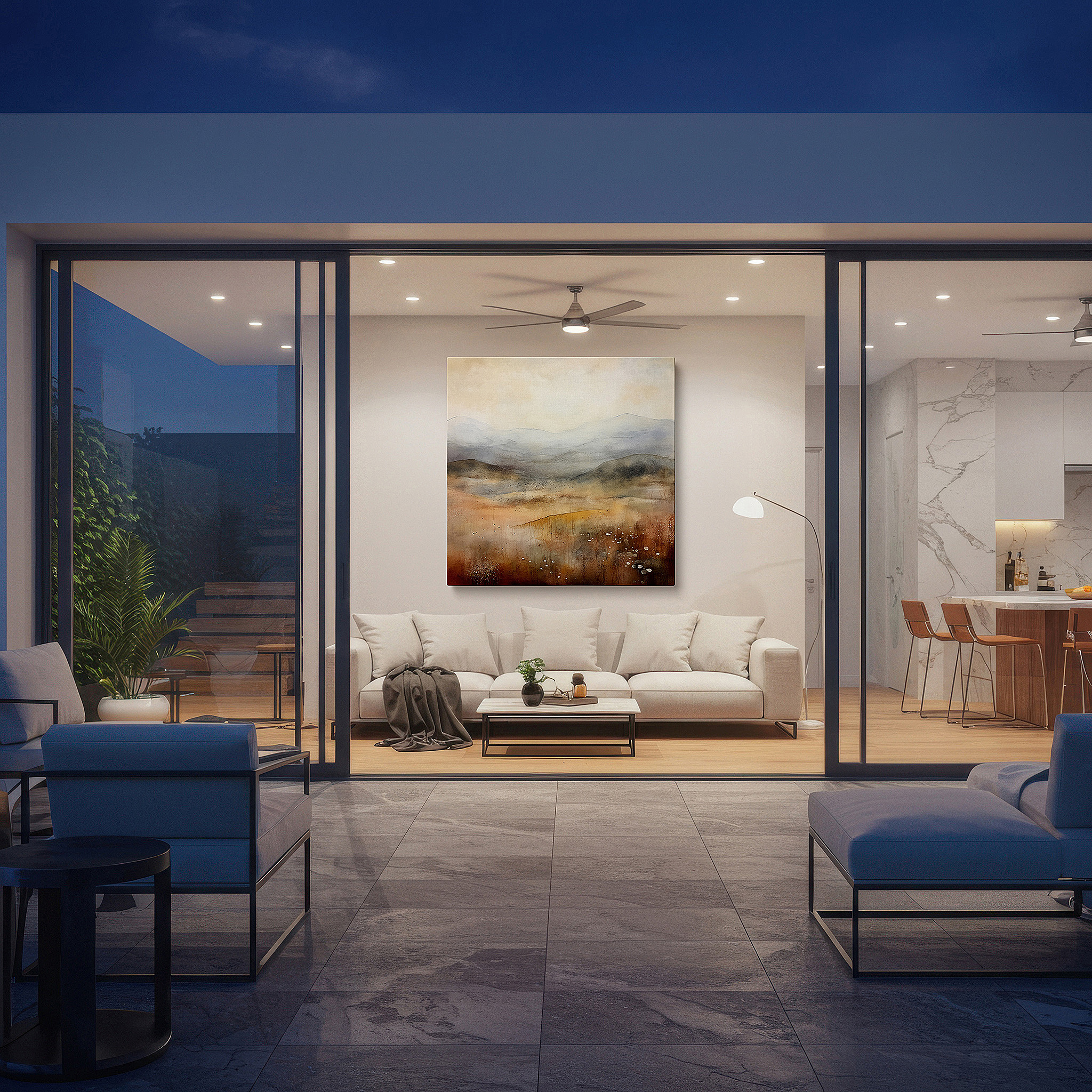 Set in a minimalist interior with textured walls and soft rugs — serene minimalistic landscape in earthy tones: large wall art for tranquil interiors, perfect for office and bedroom decor