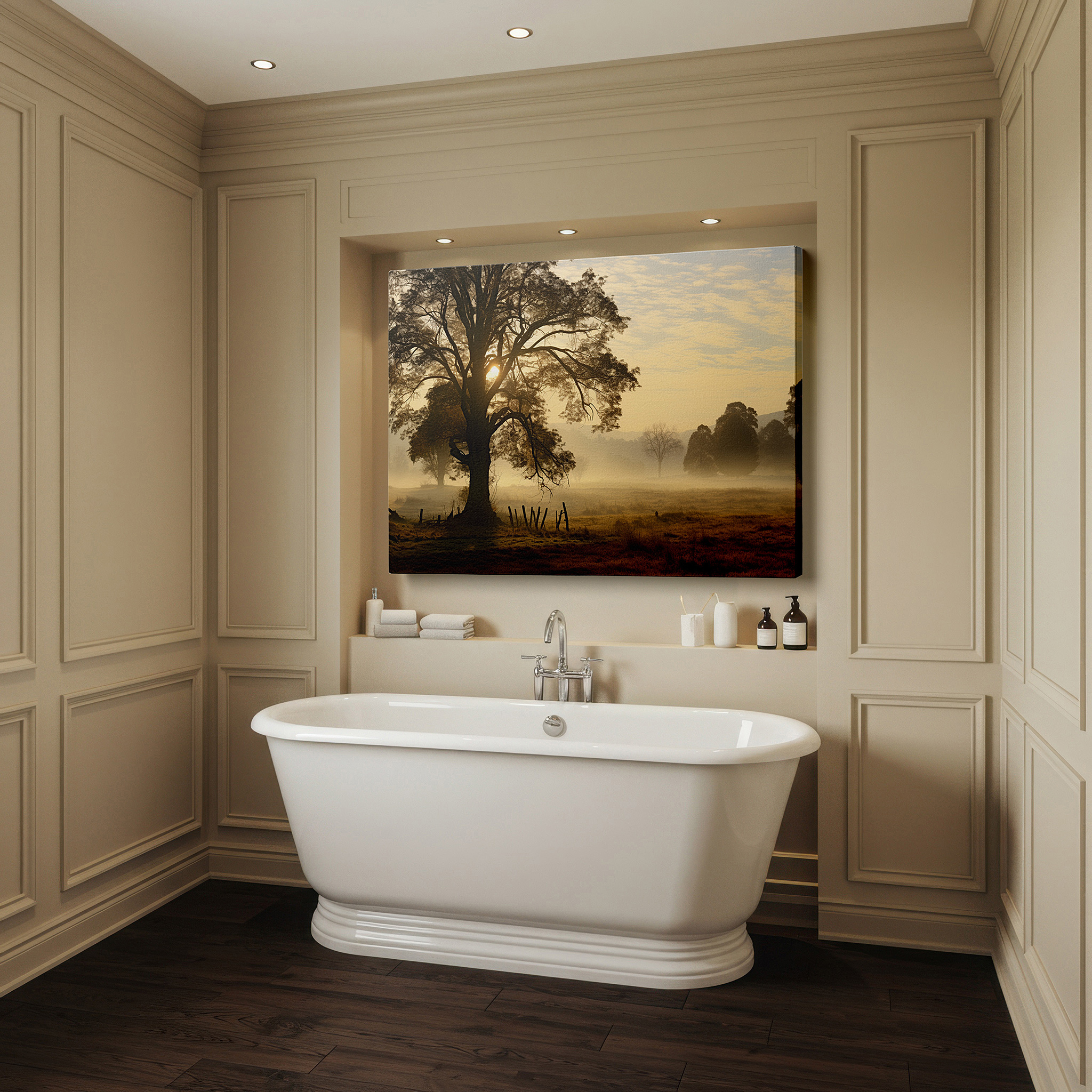Set in a minimalist interior with textured walls and soft rugs — serene morning scene with misty tree and soft pastel sky - large canvas wall art for office and bedroom decor