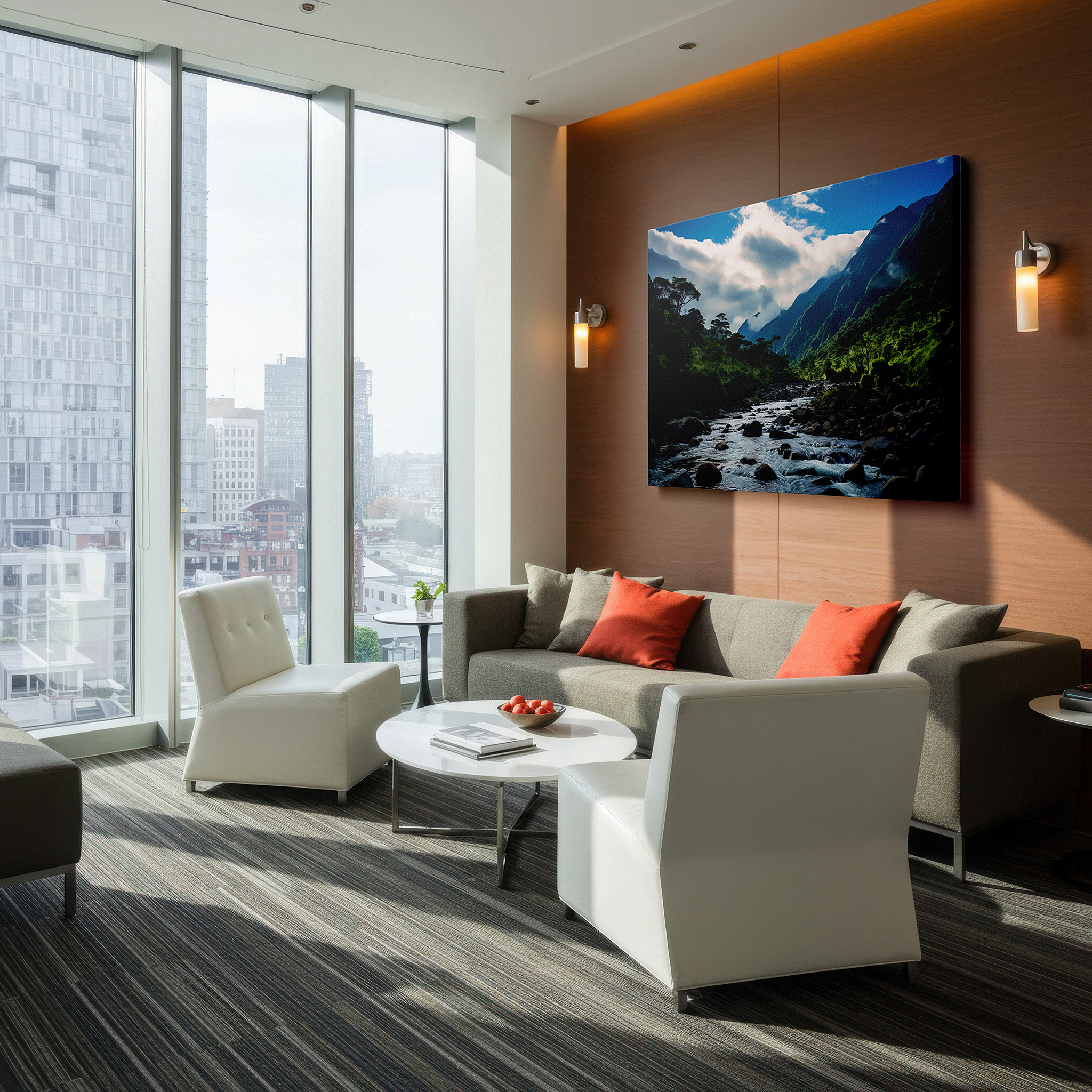Set in a minimalist interior with textured walls and soft rugs — serene mountain river flowing through verdant hills beneath a vibrant blue sky - large canvas wall art for office and bedroom decor