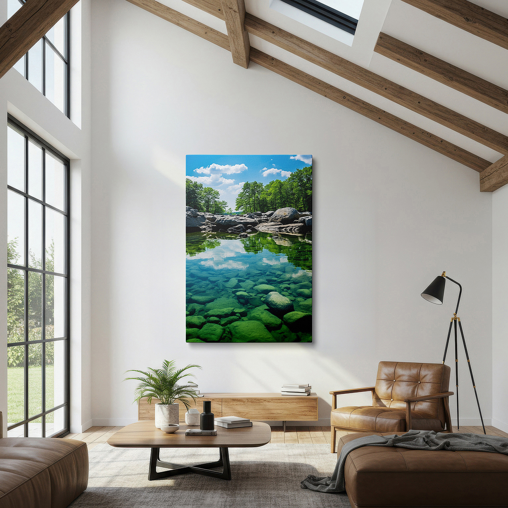 Set in a minimalist interior with textured walls and soft rugs — serene mountain stream in lush wilderness: tranquil nature escape - large canvas wall art for office and bedroom decor