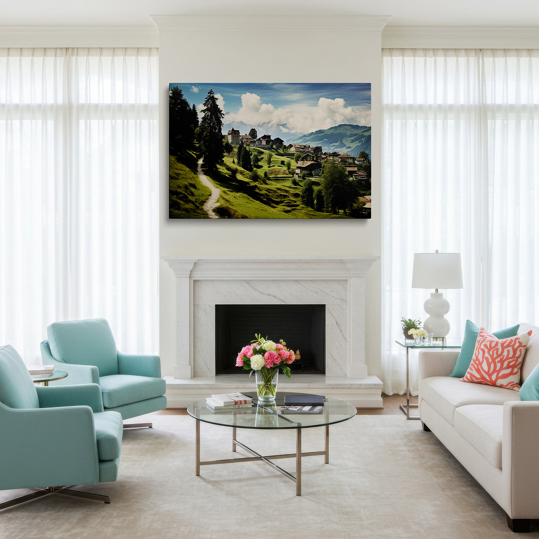Set in a minimalist interior with textured walls and soft rugs — serene mountain village wall art featuring lush greenery and majestic peaks - large canvas for office, bedroom, and living room decor