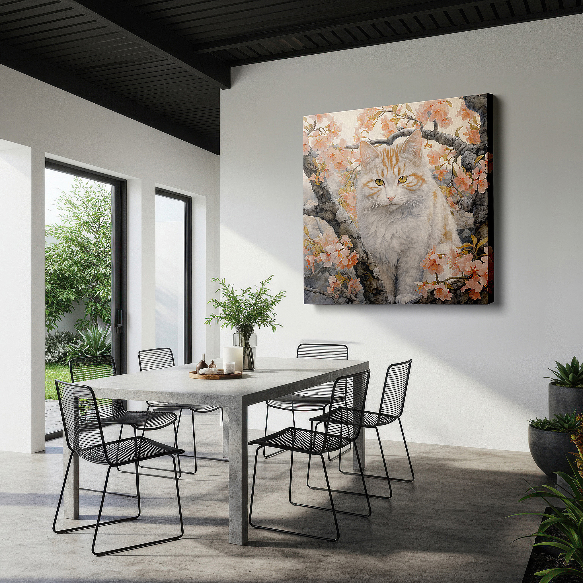 Set in a minimalist interior with textured walls and soft rugs — serene orange and white cat among soft pink blossoms tranquil garden large wall art, canvas wall art, wall decor, office wall art
