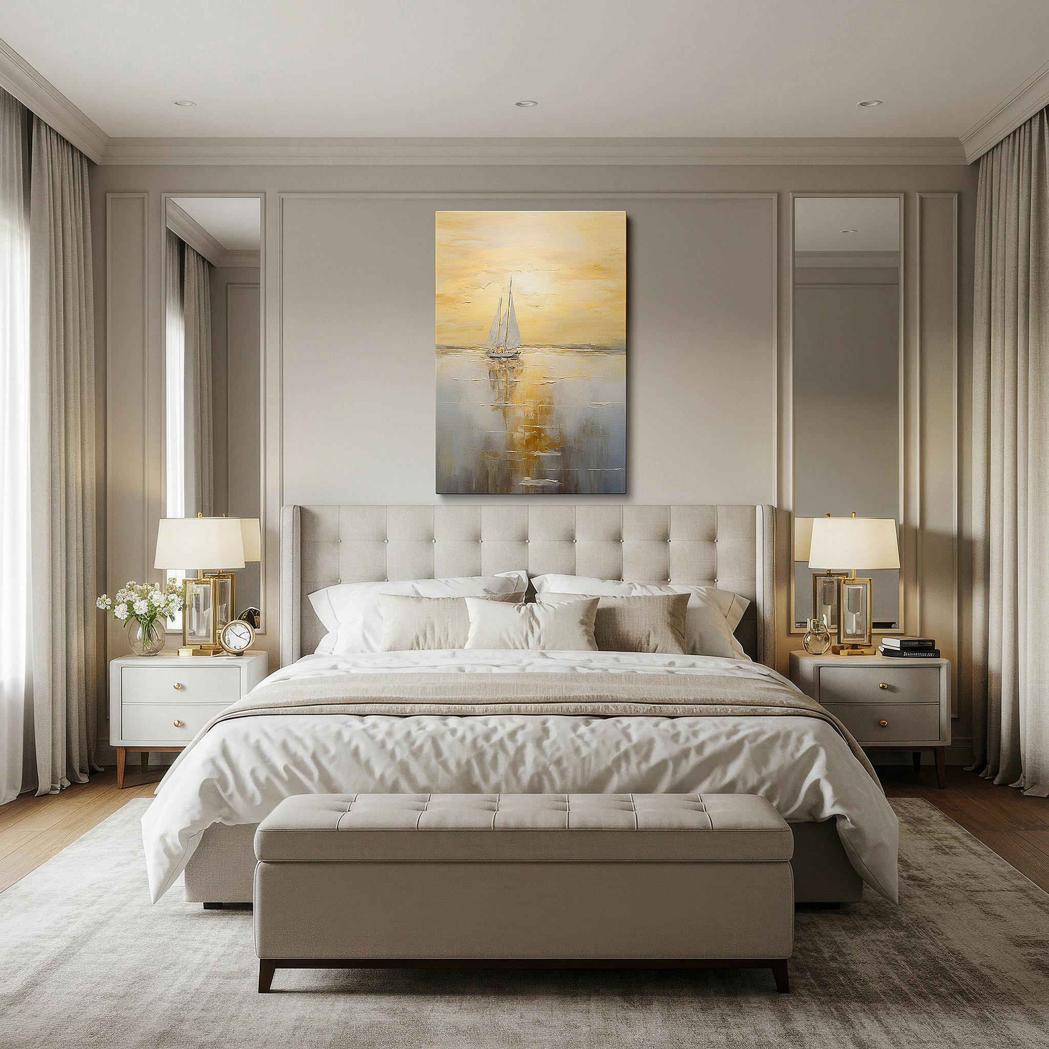 Set in a minimalist interior with textured walls and soft rugs — serene sailboat journey at sunset - large canvas wall art for office, bedroom, and living room decor