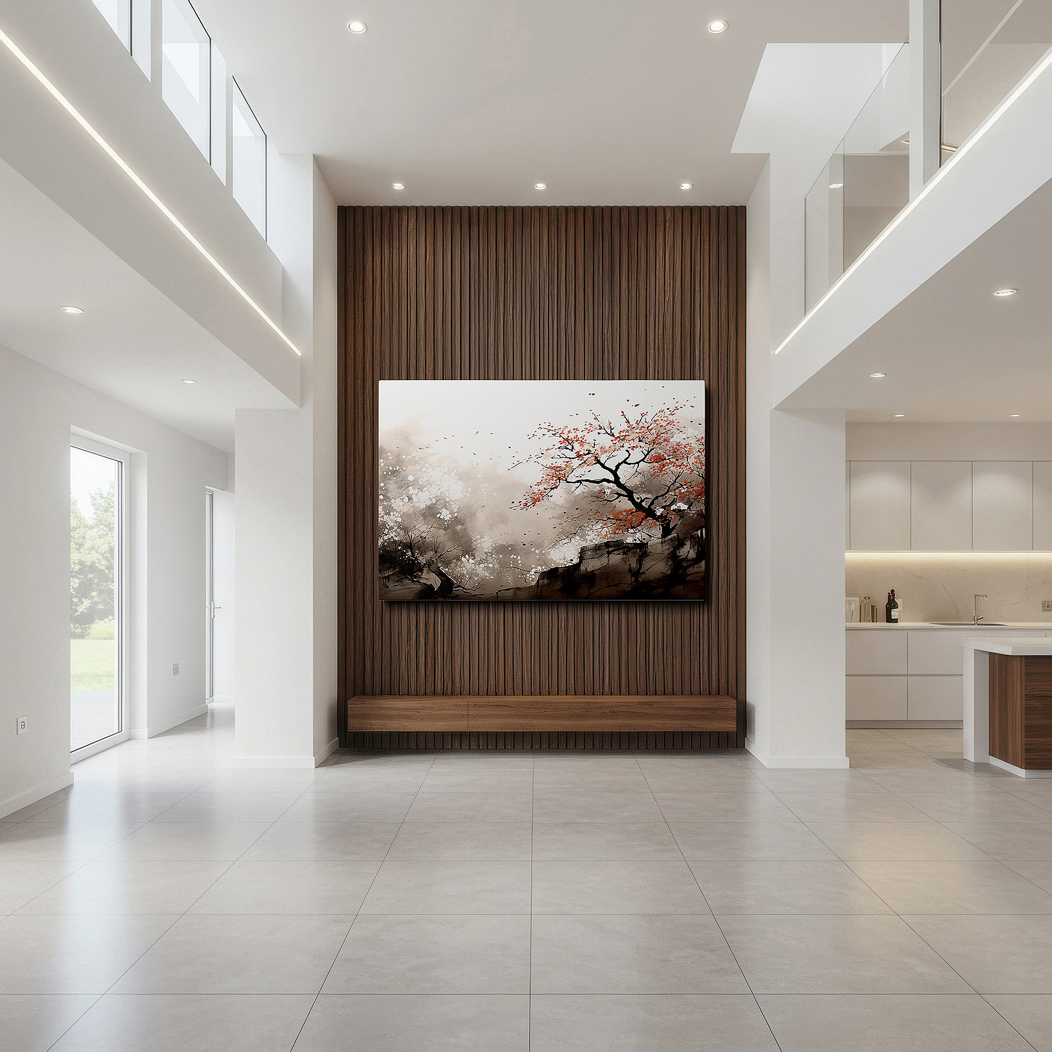 Set in a minimalist interior with textured walls and soft rugs — serene solitude - minimalist ink wash depicting a lone autumn tree, large canvas wall art for office and bedroom decor