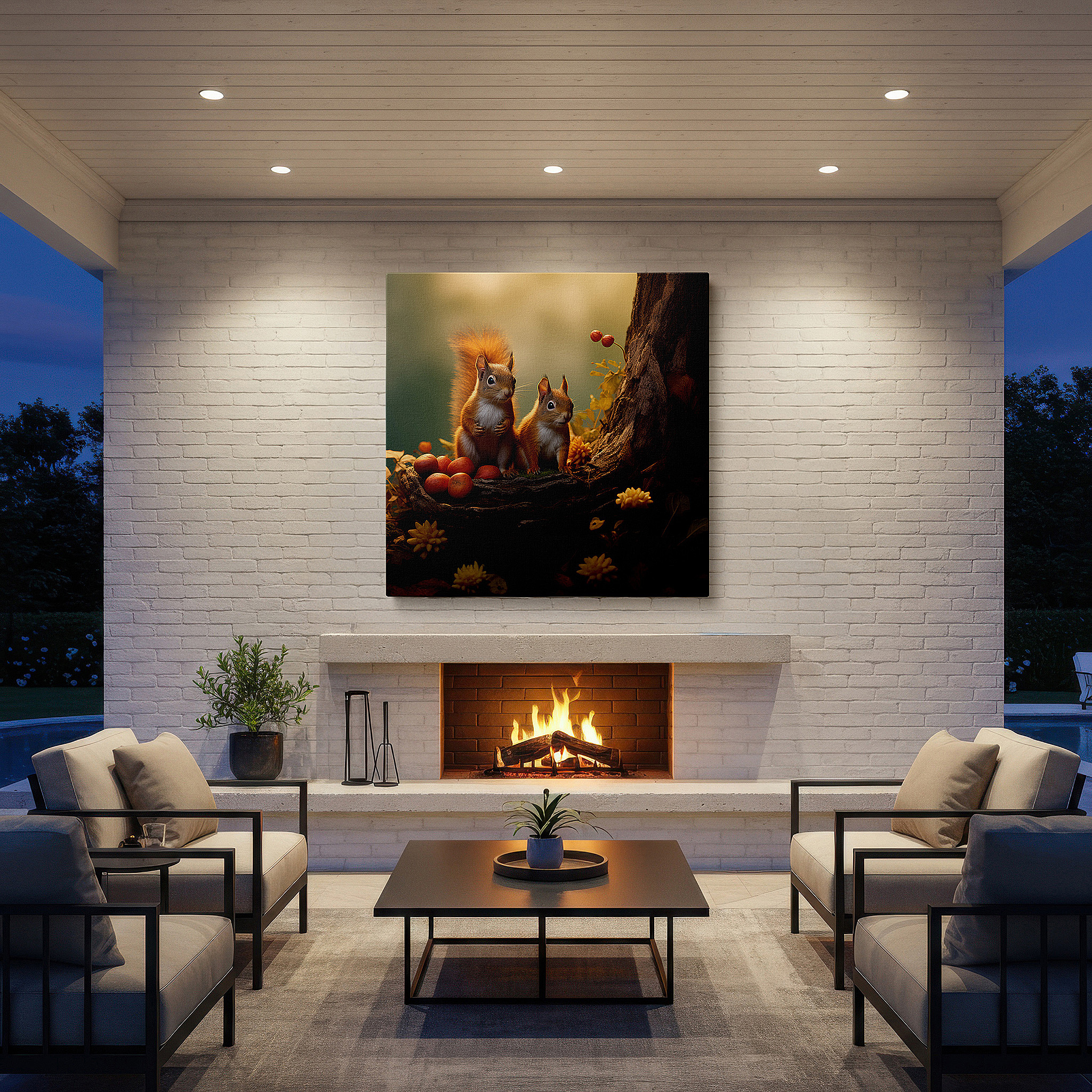 Set in a minimalist interior with textured walls and soft rugs — serene squirrels in autumn splendor: celebrating wildlife and companionship - large canvas wall art for office decor