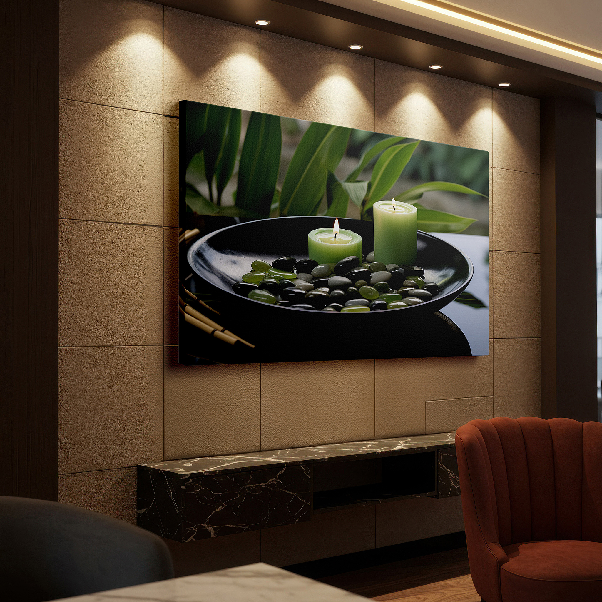 Set in a minimalist interior with textured walls and soft rugs — serene stones and candles surrounded by lush greenery, tranquil still life wall art, large canvas decor for office and bedroom