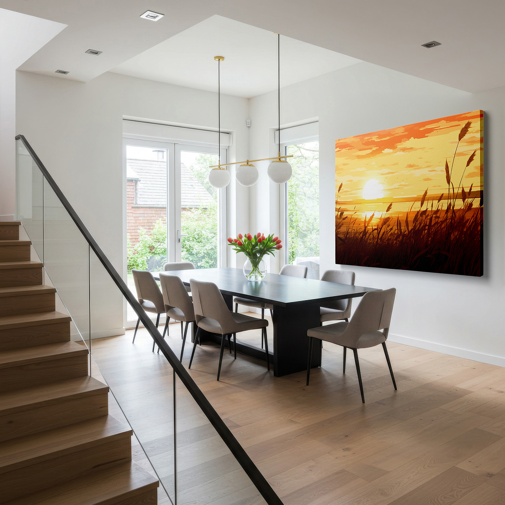 Set in a minimalist interior with textured walls and soft rugs — serene sunset amidst tall grasses and tranquil waters: a stunning exhibition of natural splendor - large wall art, canvas wall art, wall decor for offices