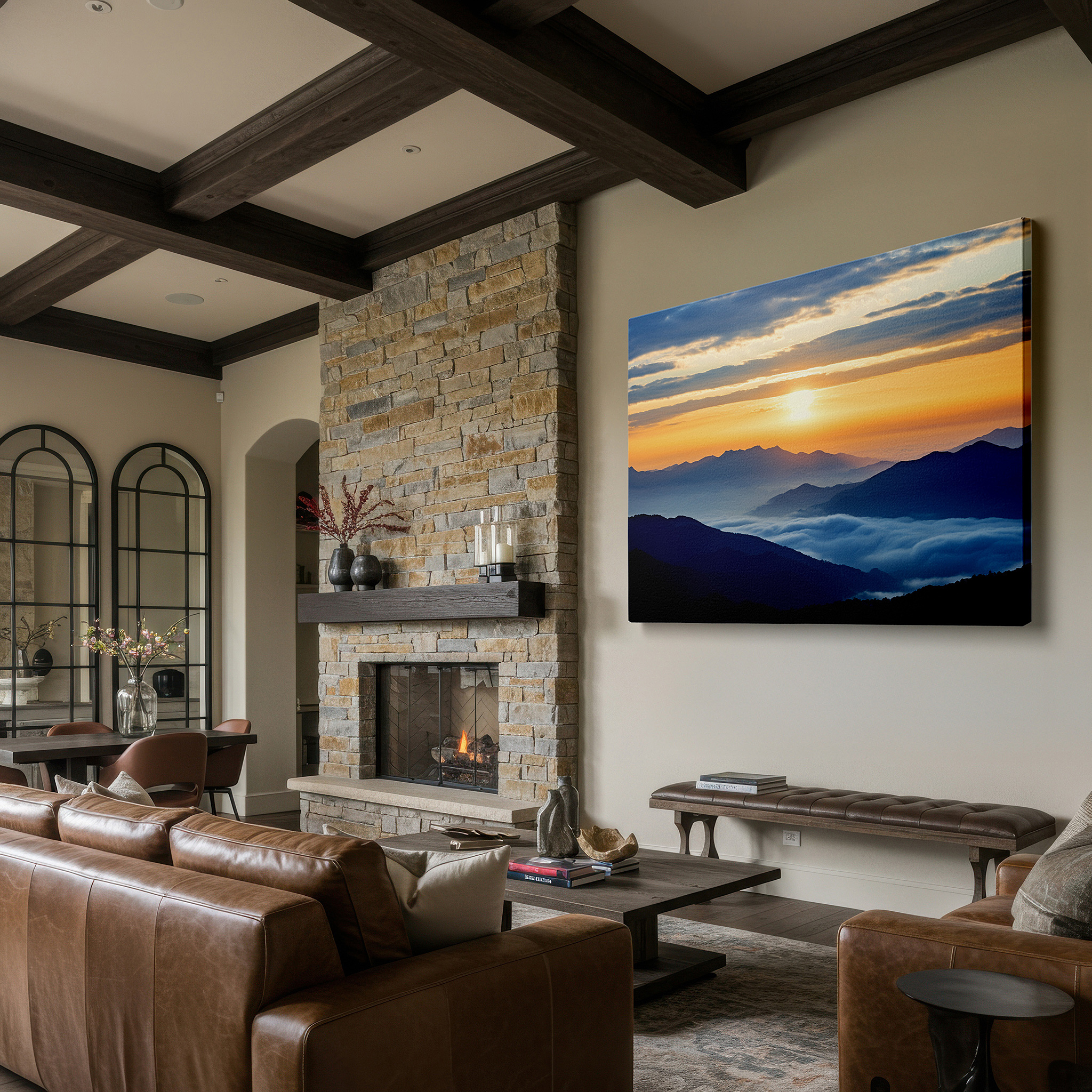 Set in a minimalist interior with textured walls and soft rugs — serene sunset over lush mountain valleys: a tranquil golden hour masterpiece - large canvas wall art for office and bedroom decor