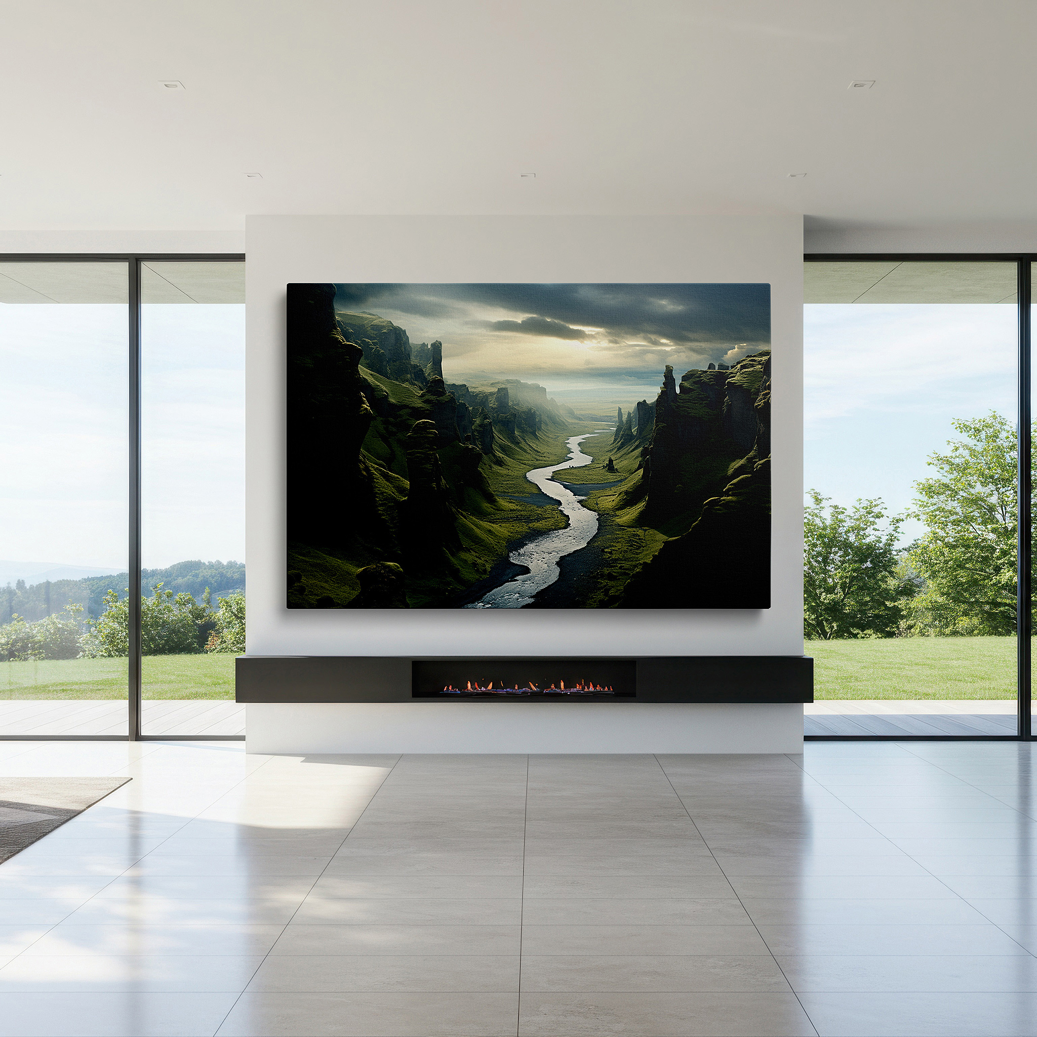 Set in a minimalist interior with textured walls and soft rugs — serene valley scene with tranquil river, towering cliffs, and lush greenery - large canvas wall art for office decor