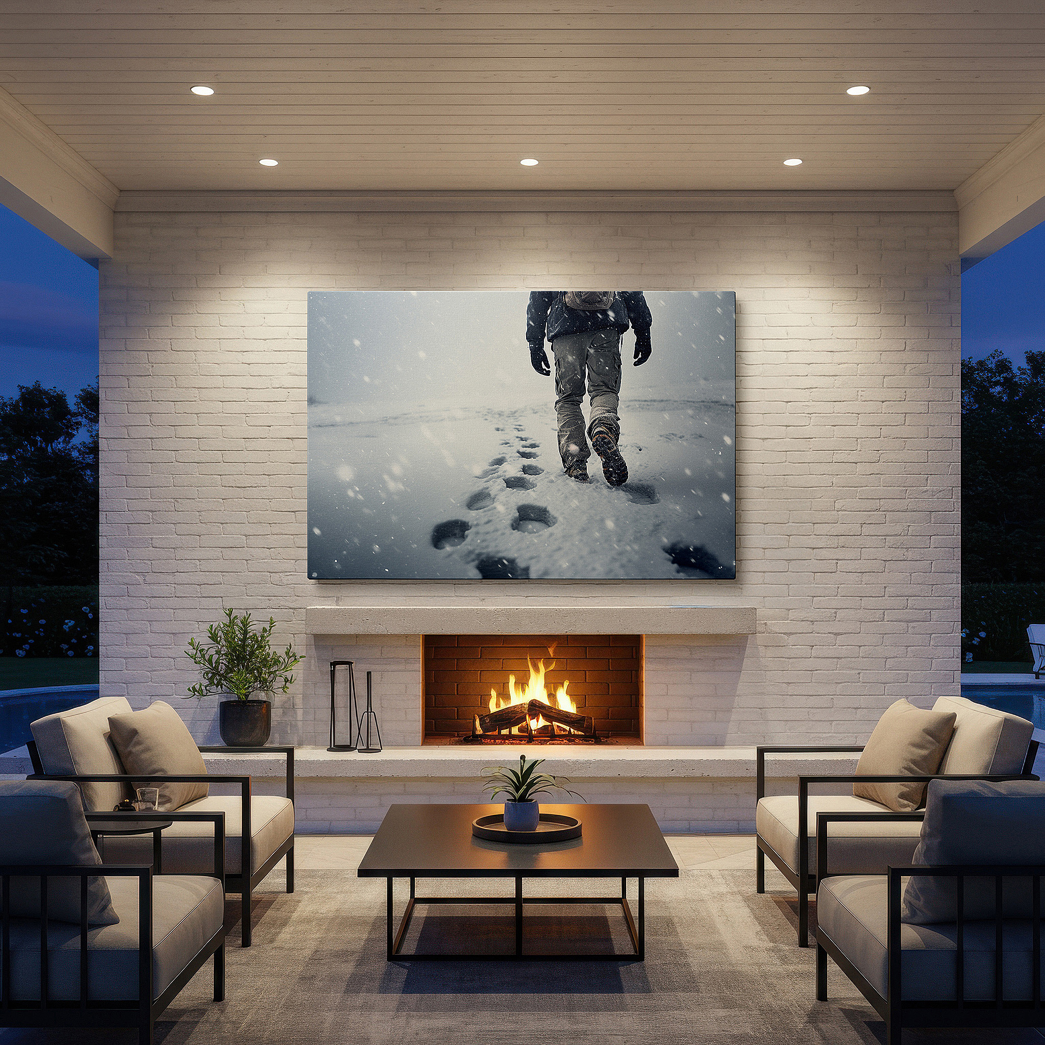 Set in a minimalist interior with textured walls and soft rugs — serene winter landscape with lone hiker wall art - tranquil nature escape large canvas decor for office