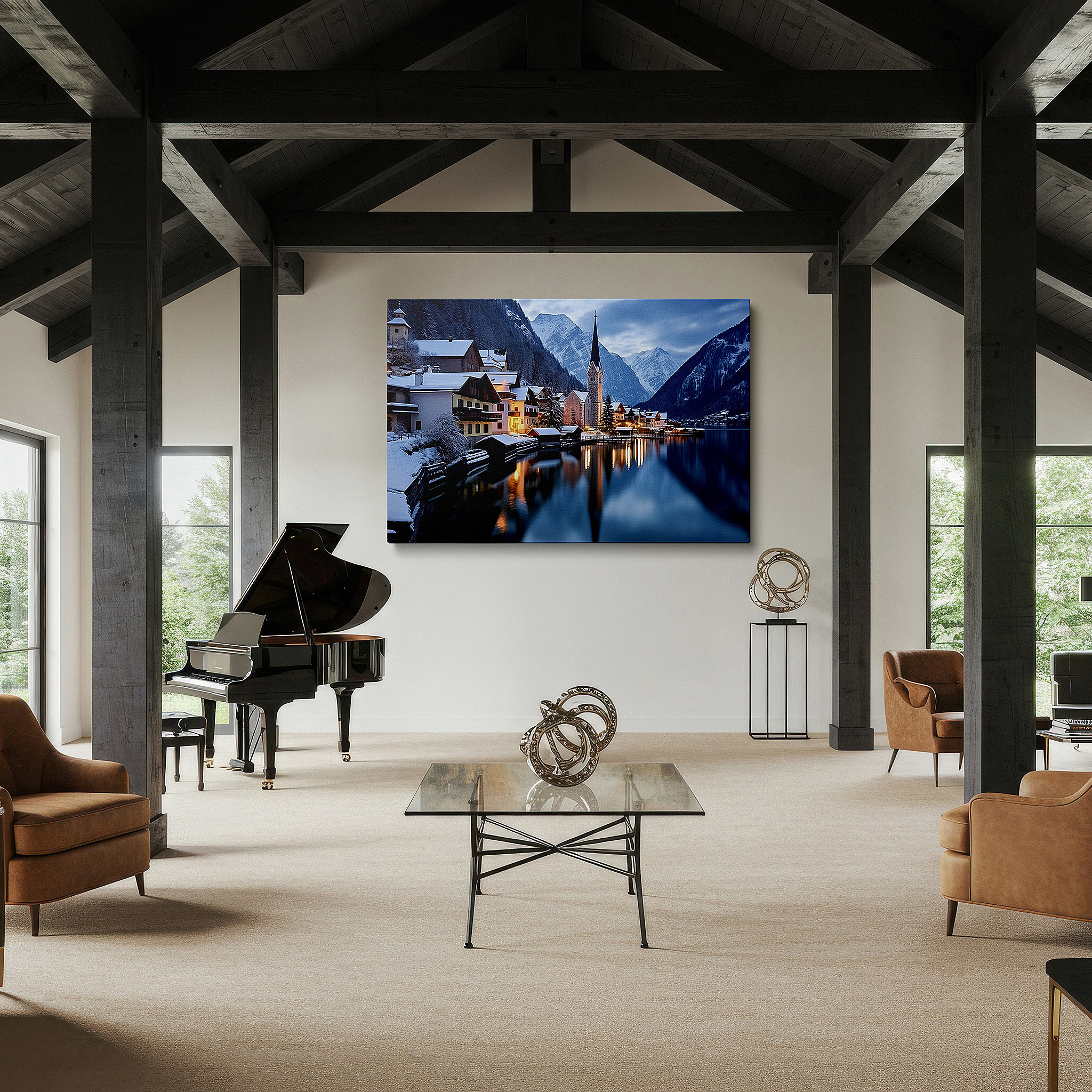Set in a minimalist interior with textured walls and soft rugs — serene winter night in a snow-covered village with twinkling lights and majestic mountain reflections large wall art, canvas wall art, wall decor