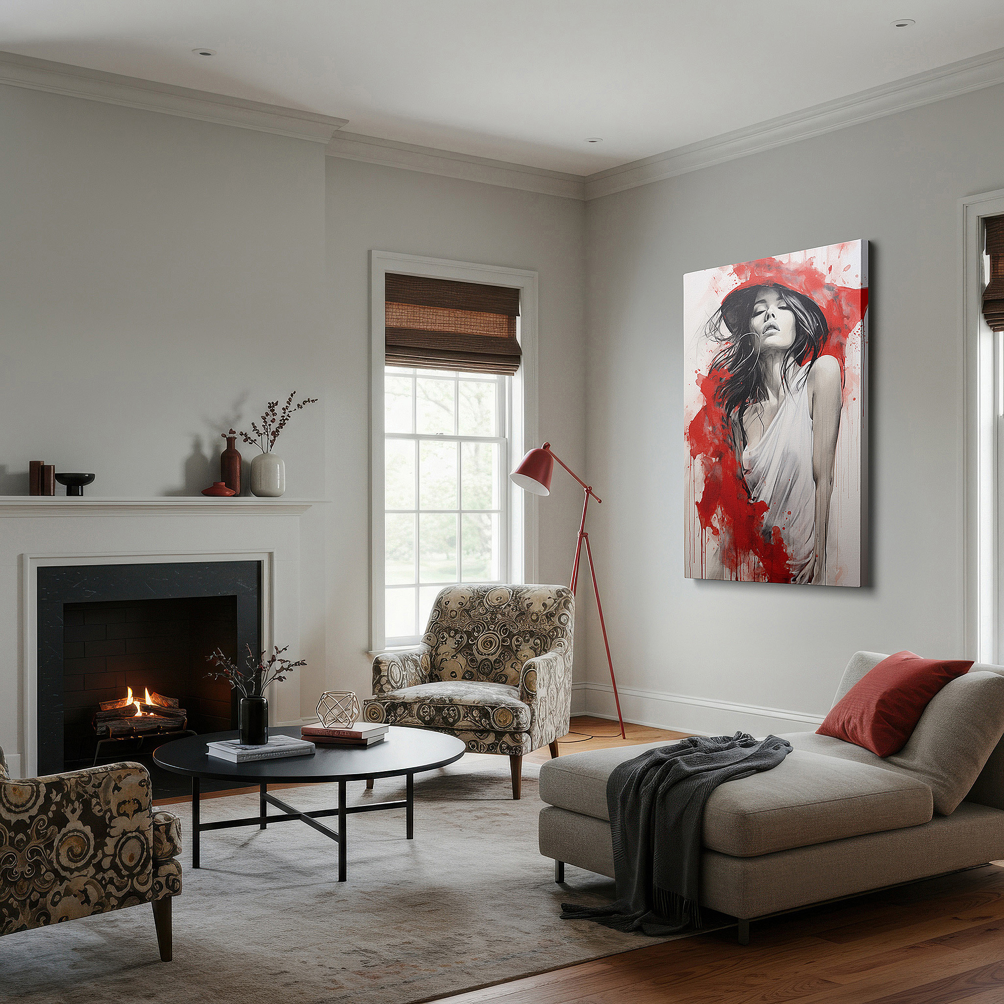 Set in a minimalist interior with textured walls and soft rugs — serene woman in white against striking red background, a captivating blend of peace and chaos, large wall art, canvas wall art, wall decor for office