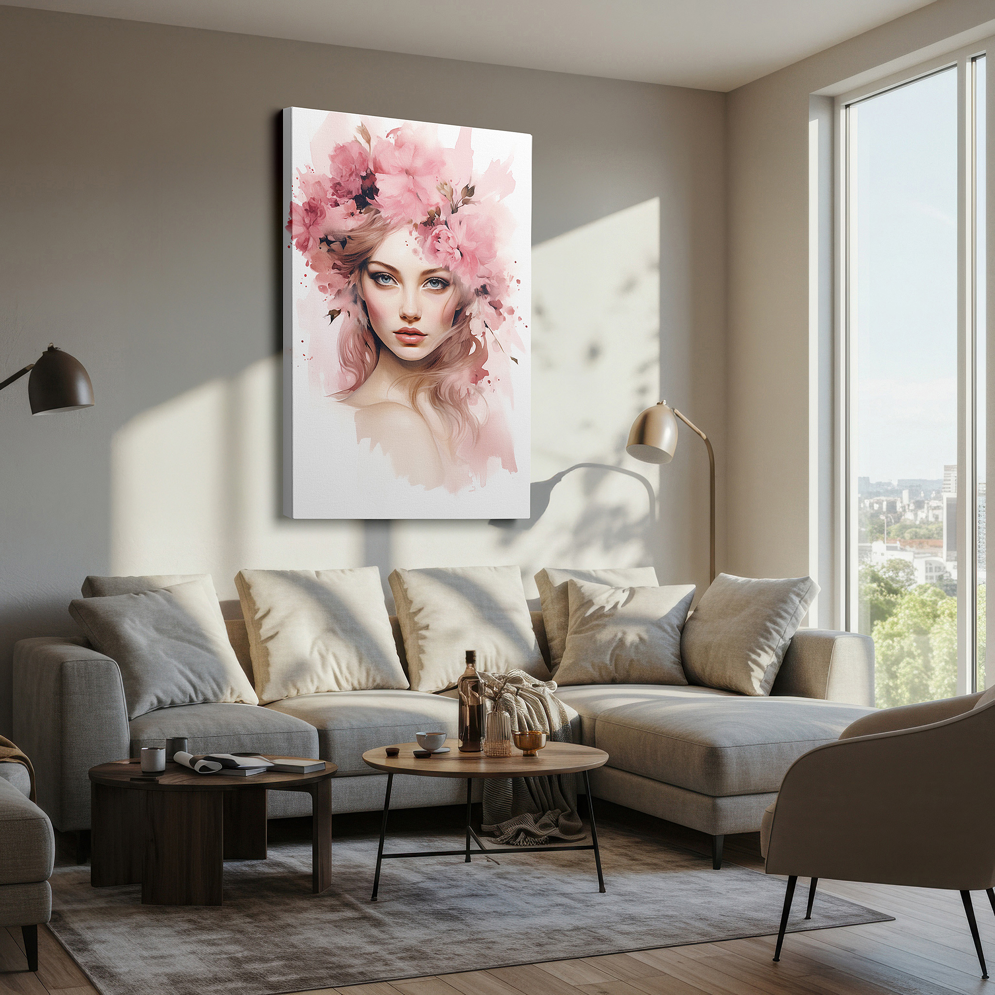 Set in a minimalist interior with textured walls and soft rugs — serene young woman surrounded by bright pink blossoms large wall art, canvas wall art, wall decor for office and bedroom