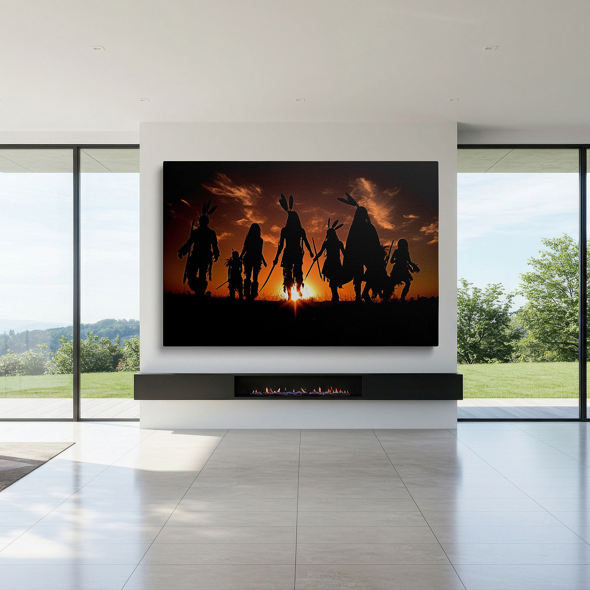 Set in a minimalist interior with textured walls and soft rugs — silhouettes dancing against a fiery sunset: a celebration of unity and joy - large canvas wall art for home and office decor