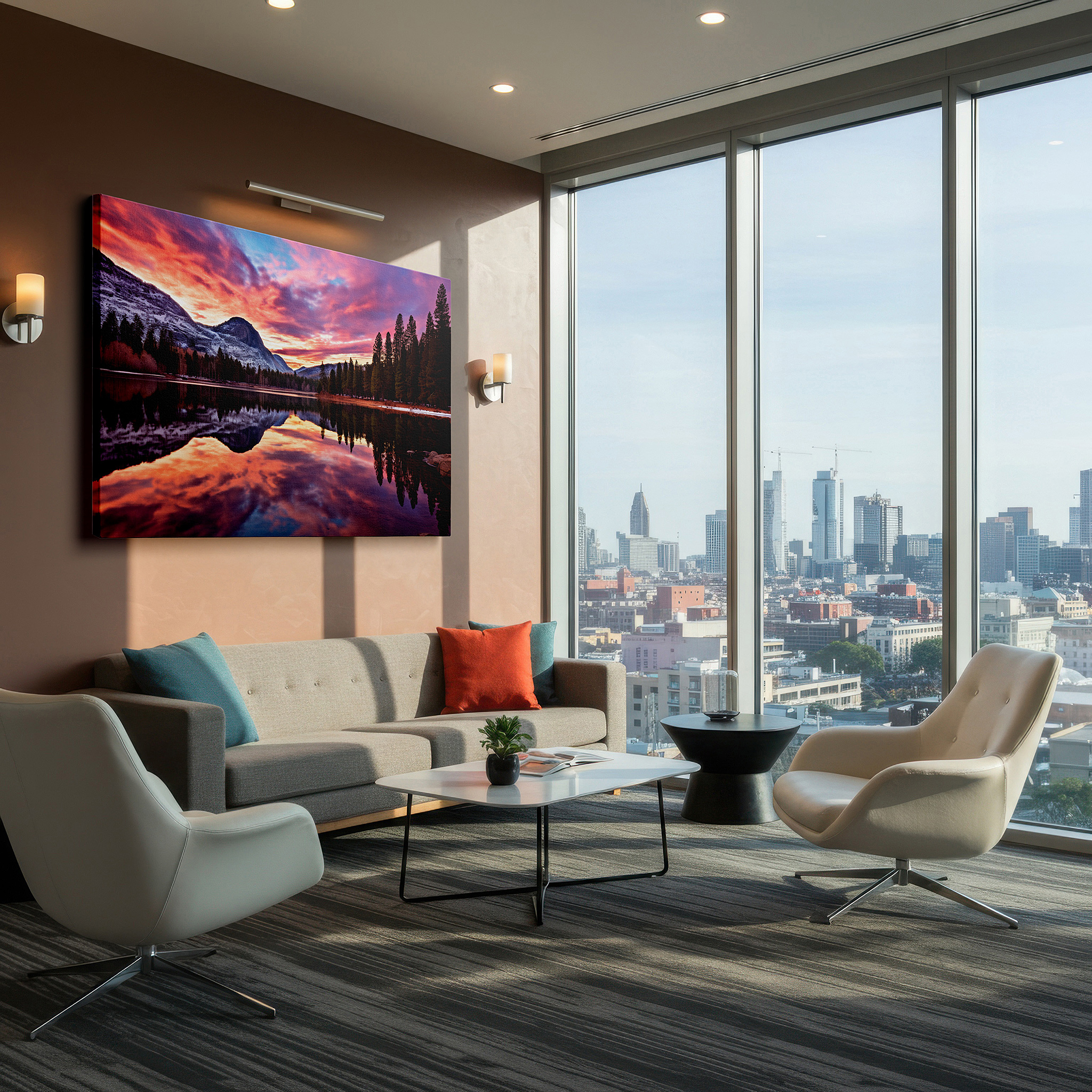 Set in a minimalist interior with textured walls and soft rugs — snow-capped peaks and reflective lake at dawn large canvas wall art for office, bedroom, and living room decor