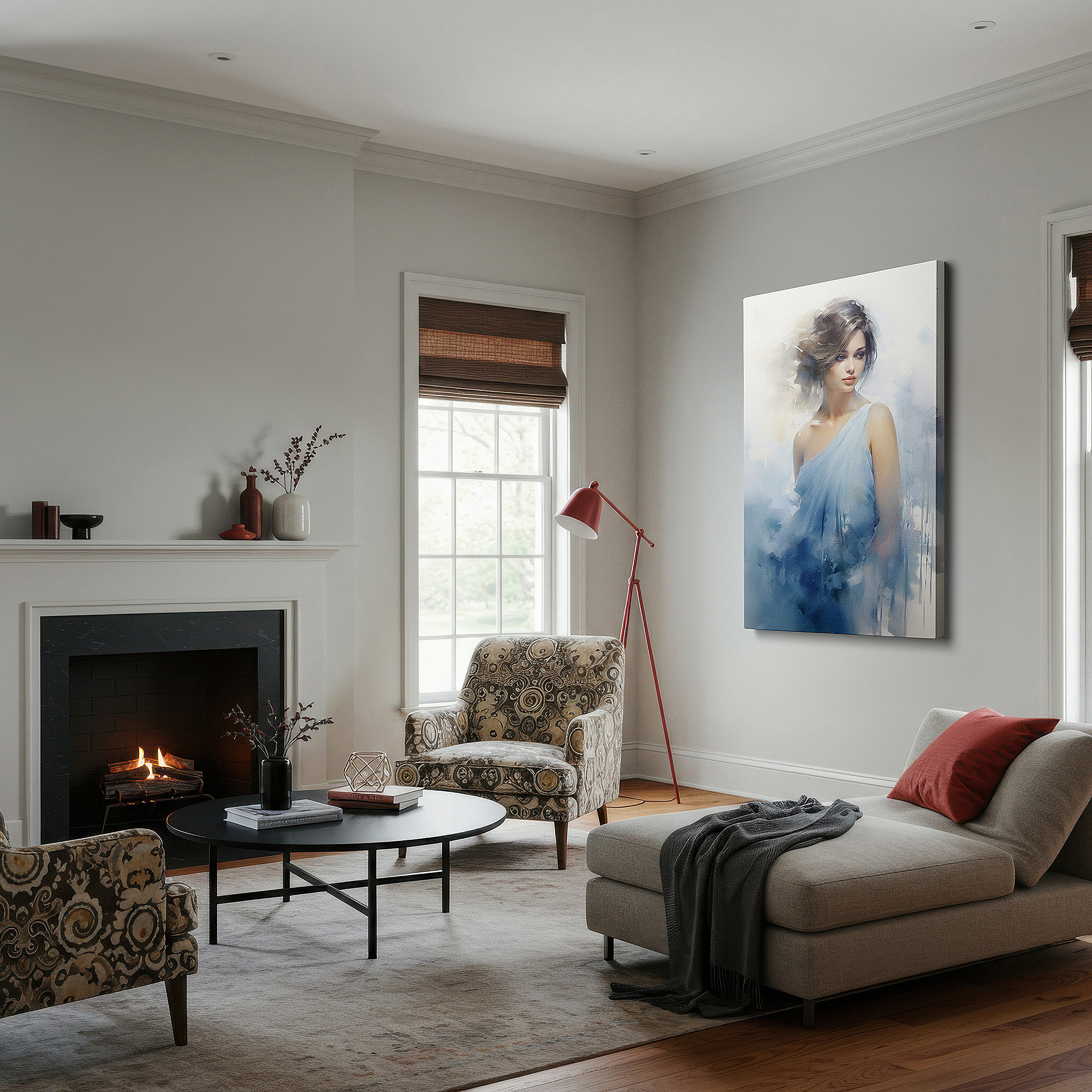 Set in a minimalist interior with textured walls and soft rugs — soft blue tranquility - serene woman in elegant flow, large wall art, canvas wall art, wall decor for office and bedroom