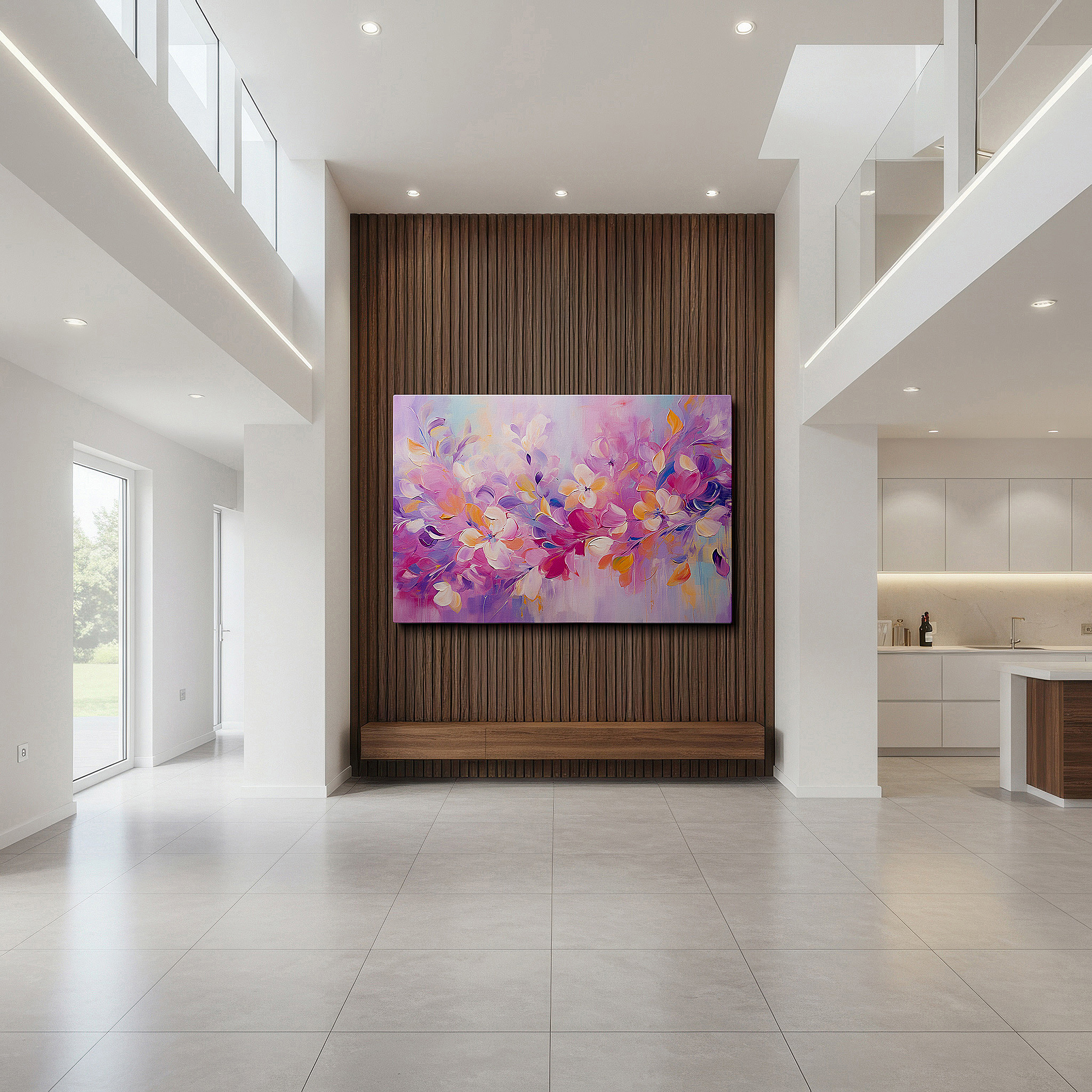 Set in a minimalist interior with textured walls and soft rugs — soft pink and purple delicate blossom symphony large wall art, canvas wall art, wall decor for office and bedroom