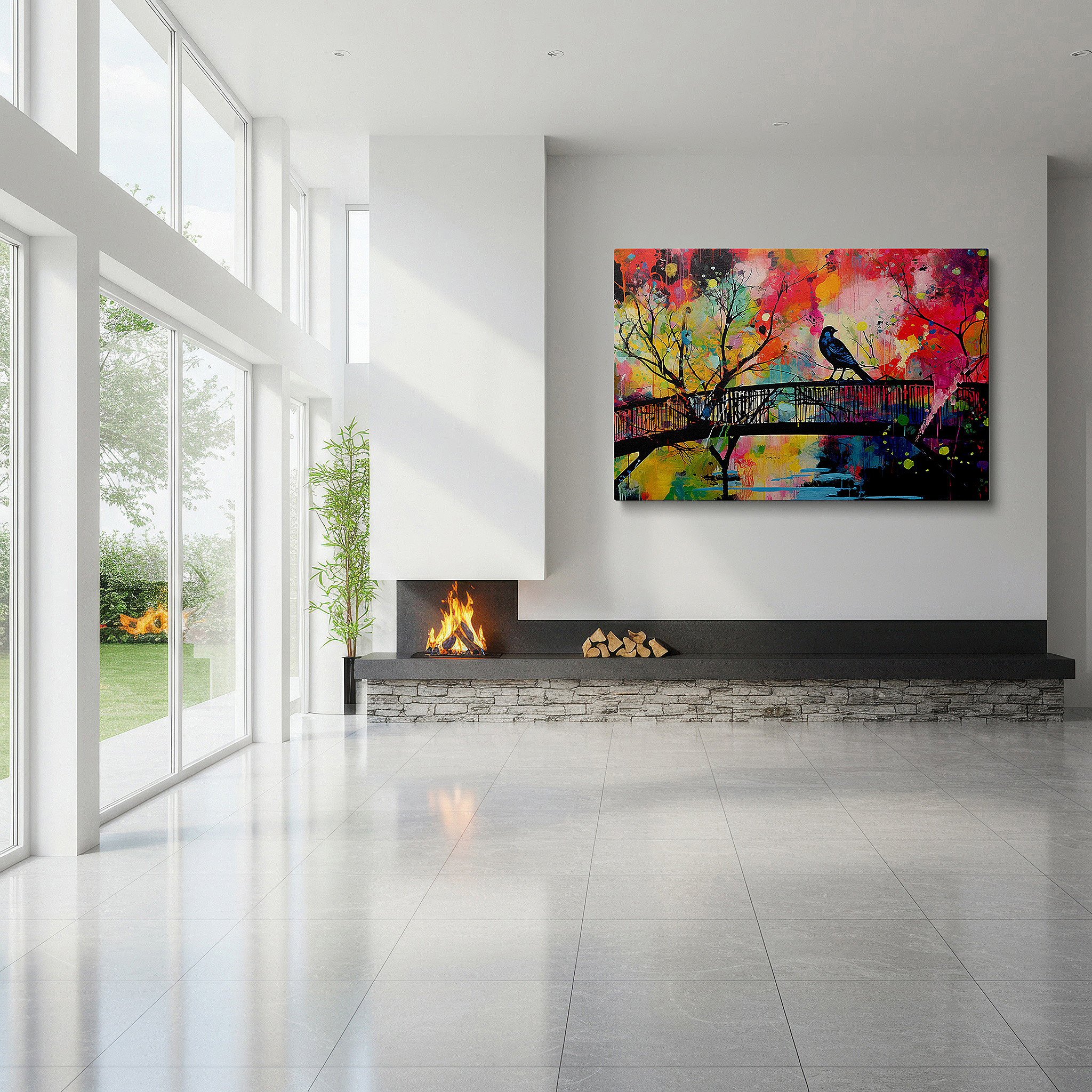 Set in a minimalist interior with textured walls and soft rugs — solitary bird on a bridge surrounded by vivid abstract splashes: a reflection on solitude and nature, large canvas wall art decor