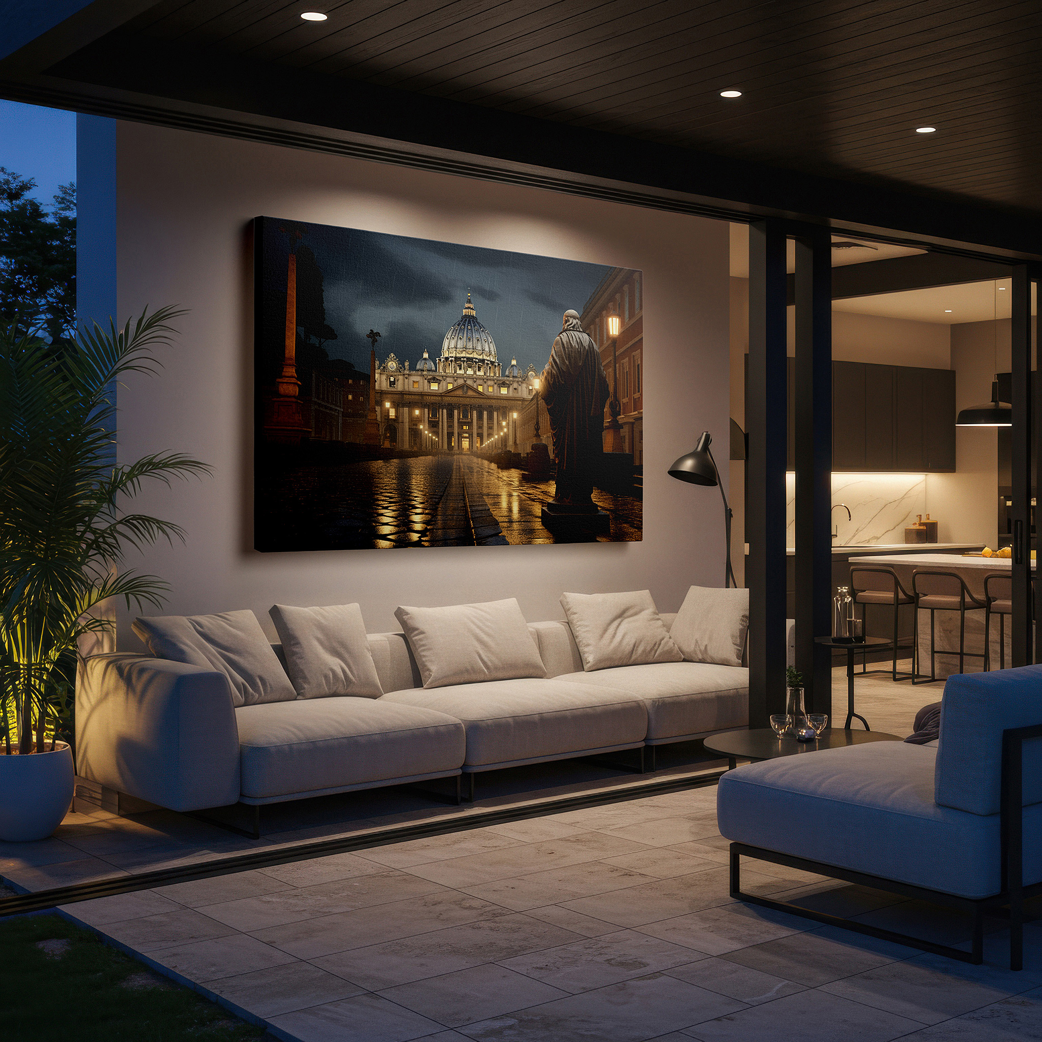 Set in a minimalist interior with textured walls and soft rugs — st. peter's basilica beneath starry skies: a golden gateway - large wall art, canvas print, home and office decor, bedroom wall art