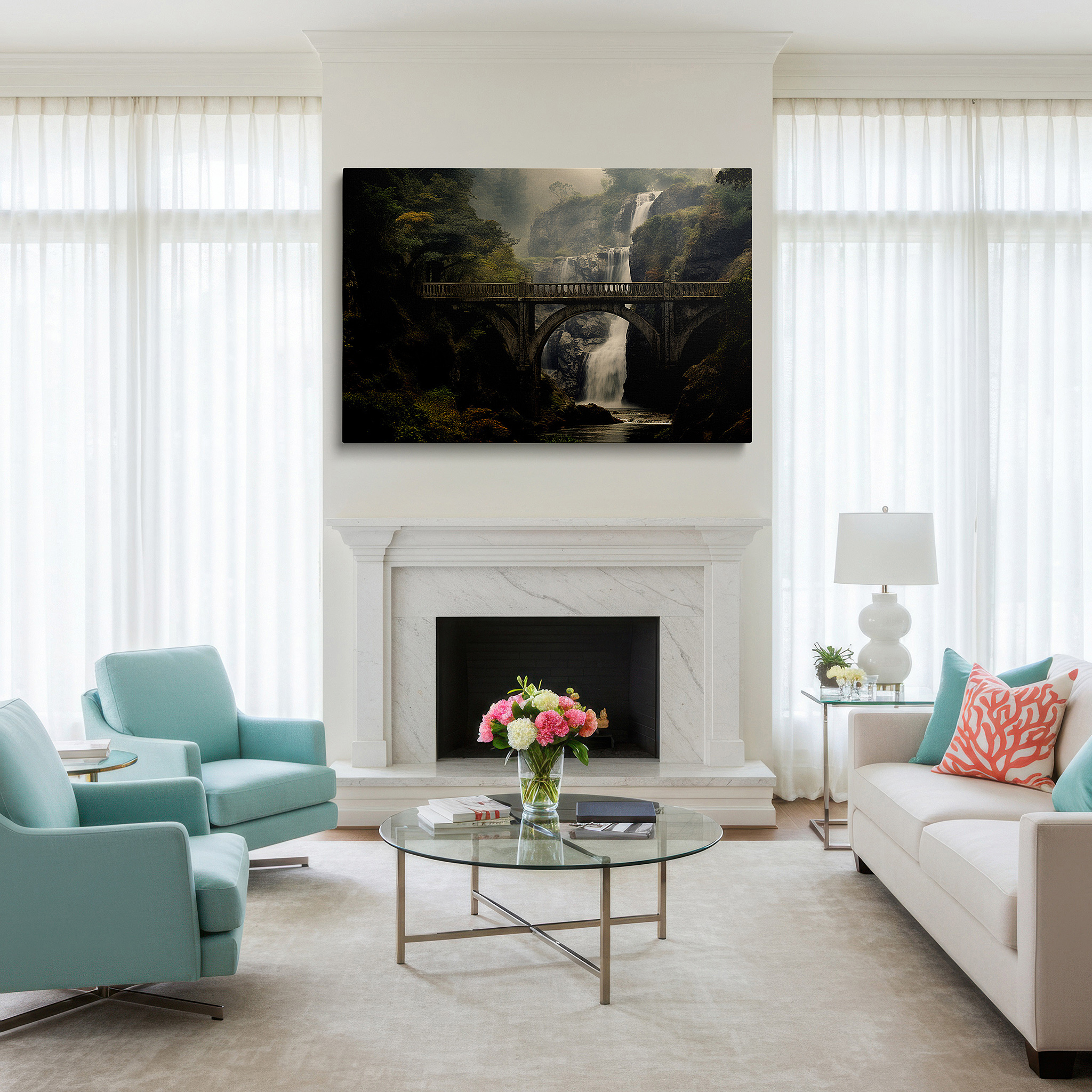 Set in a minimalist interior with textured walls and soft rugs — stunning circular bridge and waterfall scene wall art: a fusion of architectural brilliance and natural beauty, large canvas wall decor
