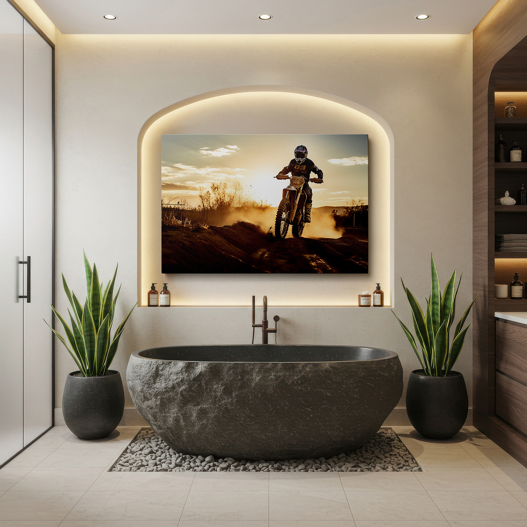 Set in a minimalist interior with textured walls and soft rugs — sunset dirt biking adventure across rugged dunes - large canvas wall art for office, bedroom, and living room decor