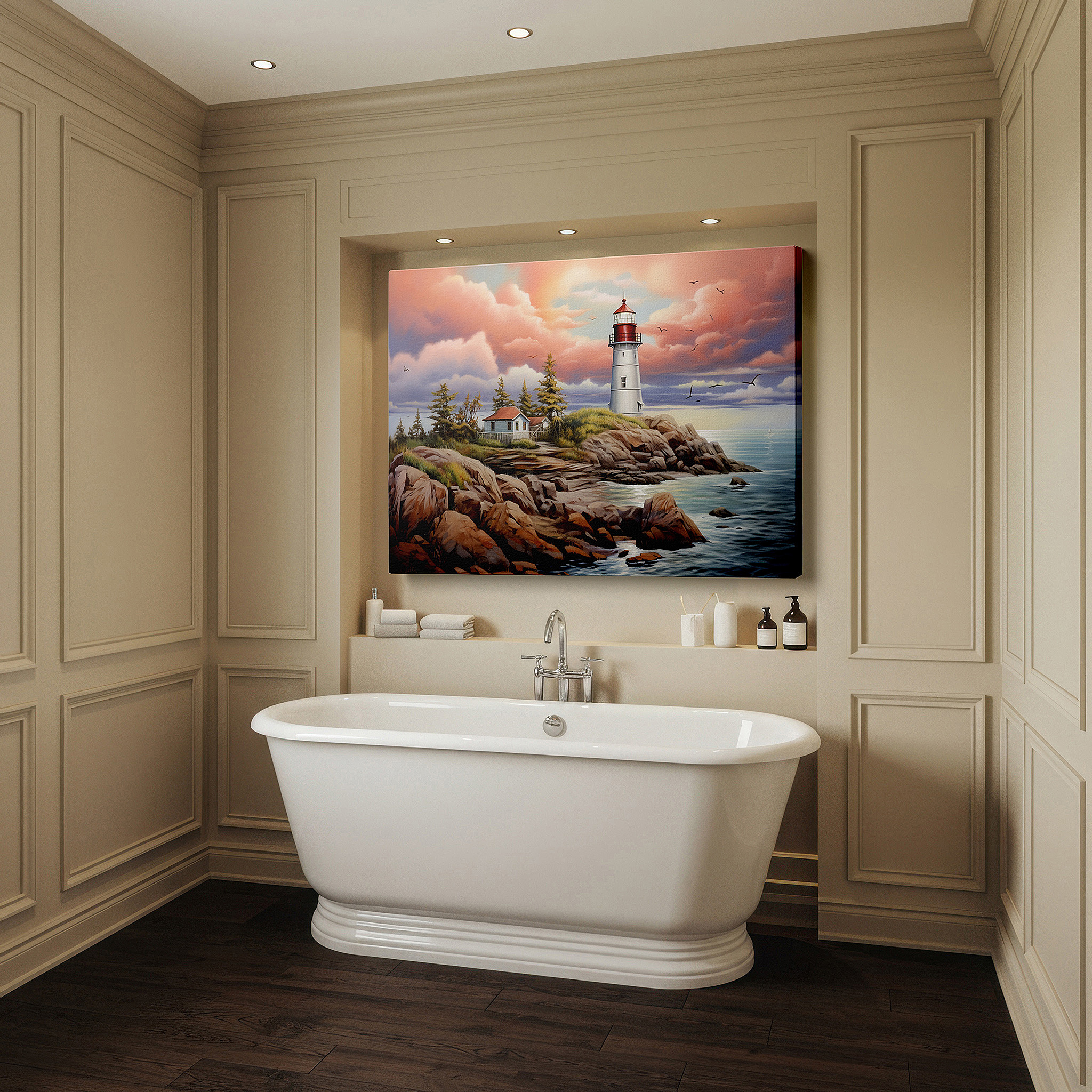 Set in a minimalist interior with textured walls and soft rugs — sunset at the majestic lighthouse: a beacon of hope on the rugged coast - large canvas wall art for office and bedroom decor