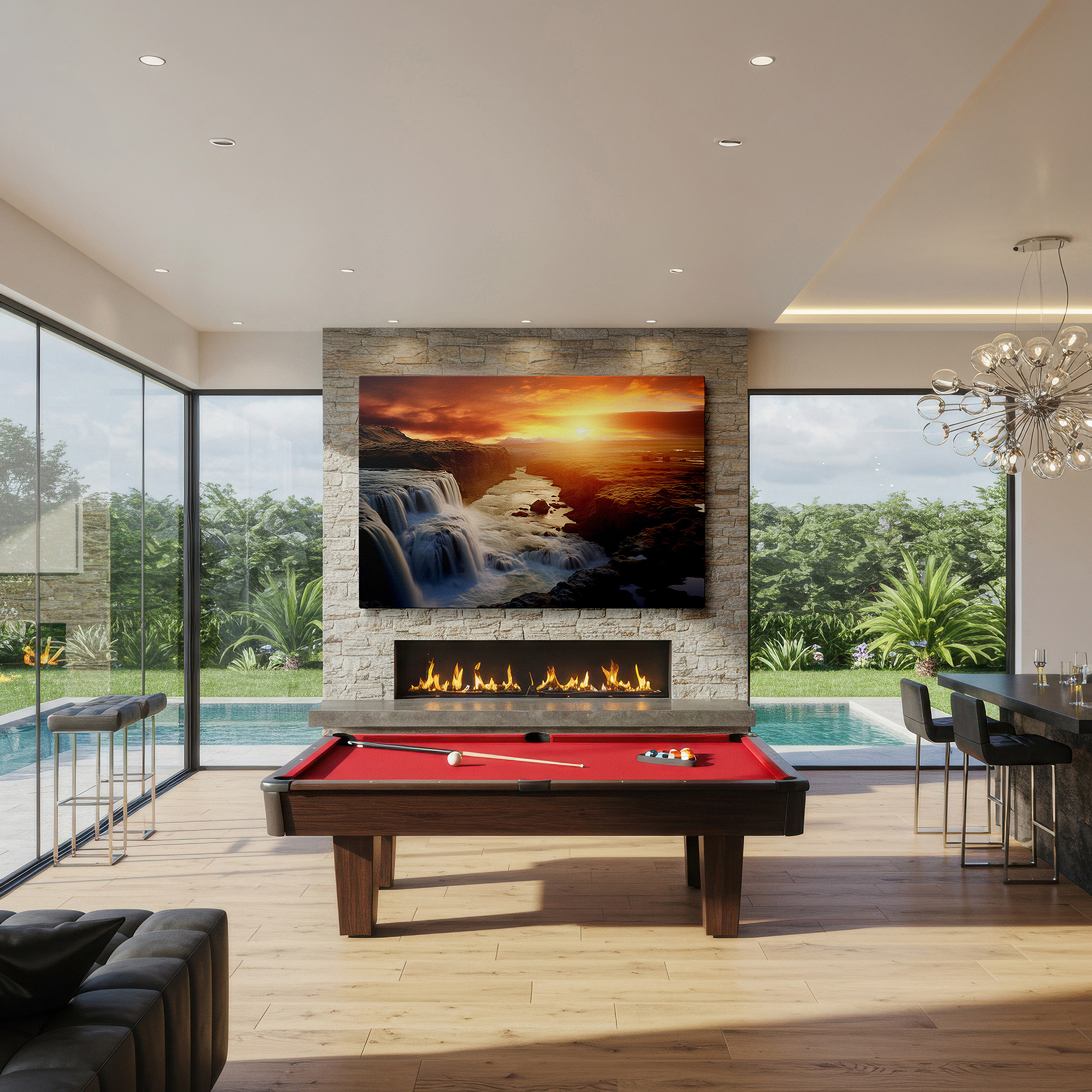 Set in a minimalist interior with textured walls and soft rugs — sunset over majestic waterfall and serene river - peaceful nature landscape for home decor, large canvas wall art, office wall decor
