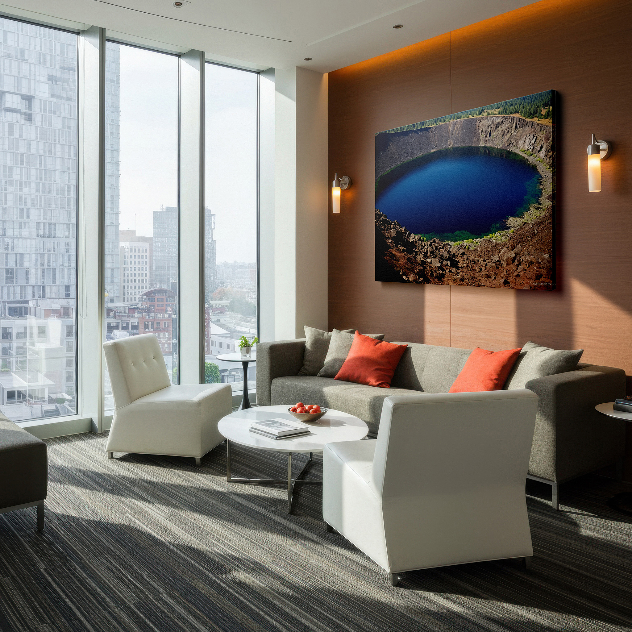 Set in a minimalist interior with textured walls and soft rugs — tranquil crater lake surrounded by lush greenery and rugged cliffs large wall art, canvas wall art, wall decor for office, bedroom, and living room
