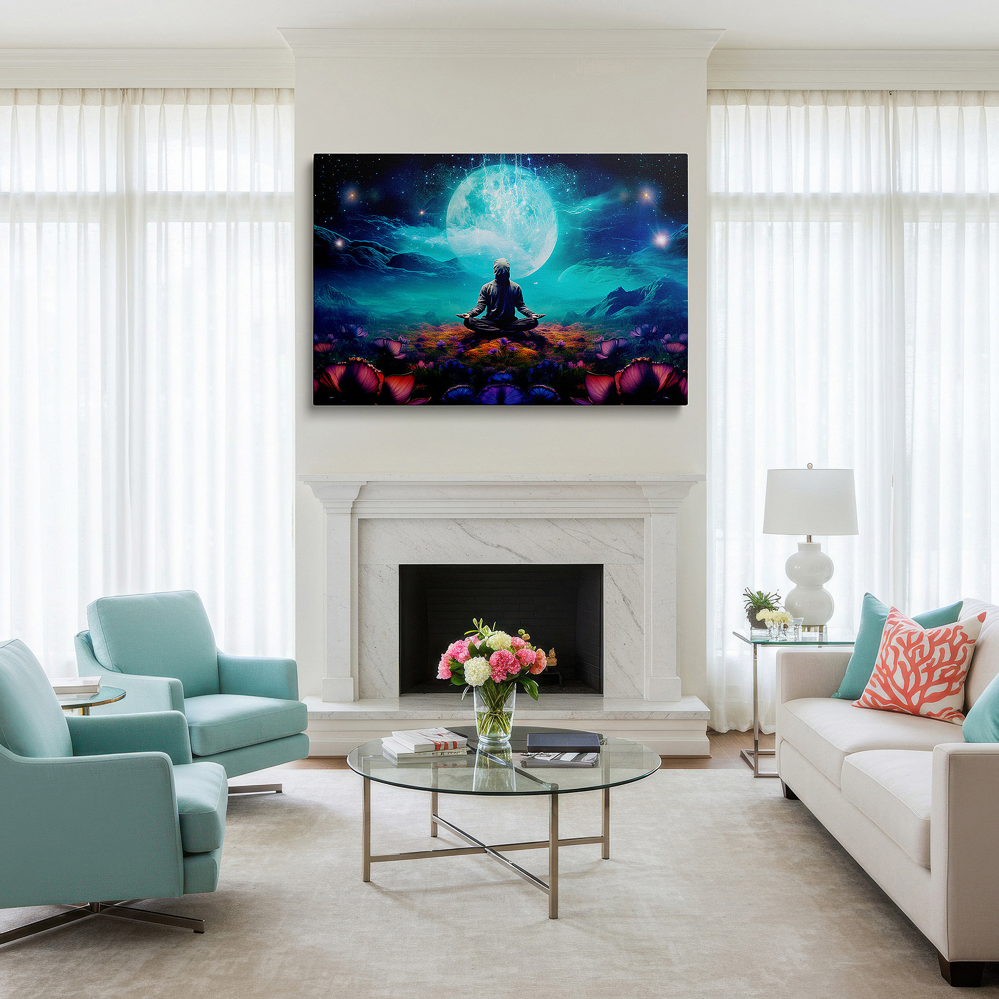 Set in a minimalist interior with textured walls and soft rugs — tranquil meditation under the celestial moon wall art: a harmonious blend of nature and cosmos, large canvas wall art for office decor