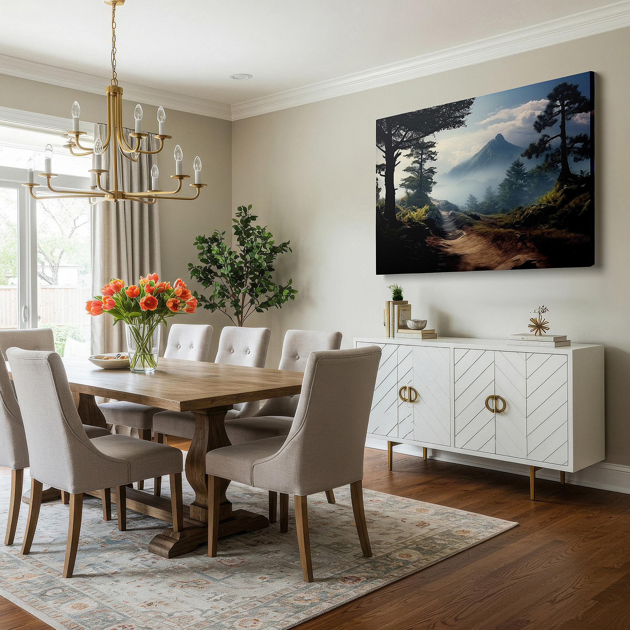 Set in a minimalist interior with textured walls and soft rugs — tranquil mountain trail offers peace and exploration amidst natural beauty large wall art, canvas wall art, wall decor, office wall art