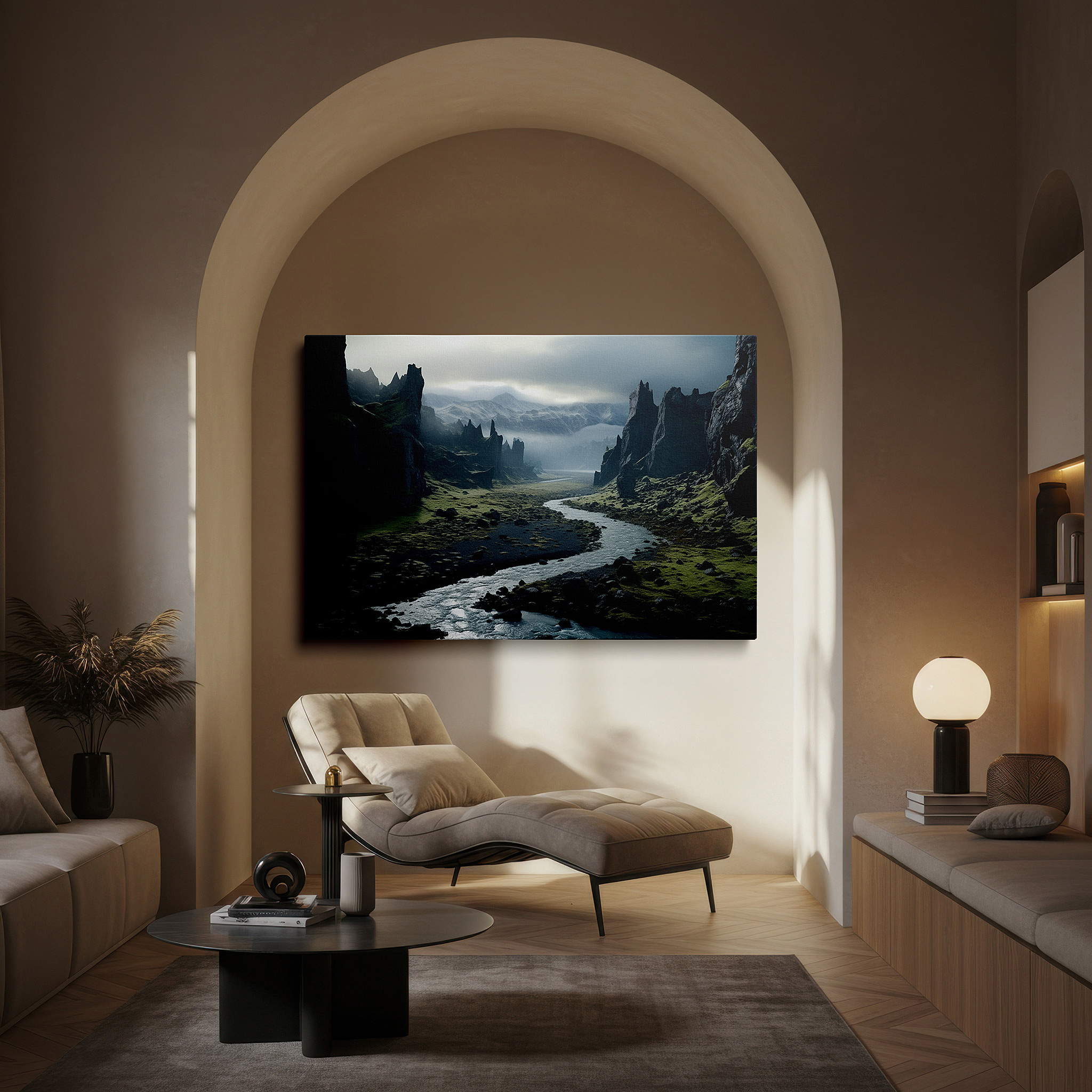 Set in a minimalist interior with textured walls and soft rugs — tranquil river and lush valley canvas, featuring dramatic rocks and verdant foliage, large wall art for office and bedroom decor