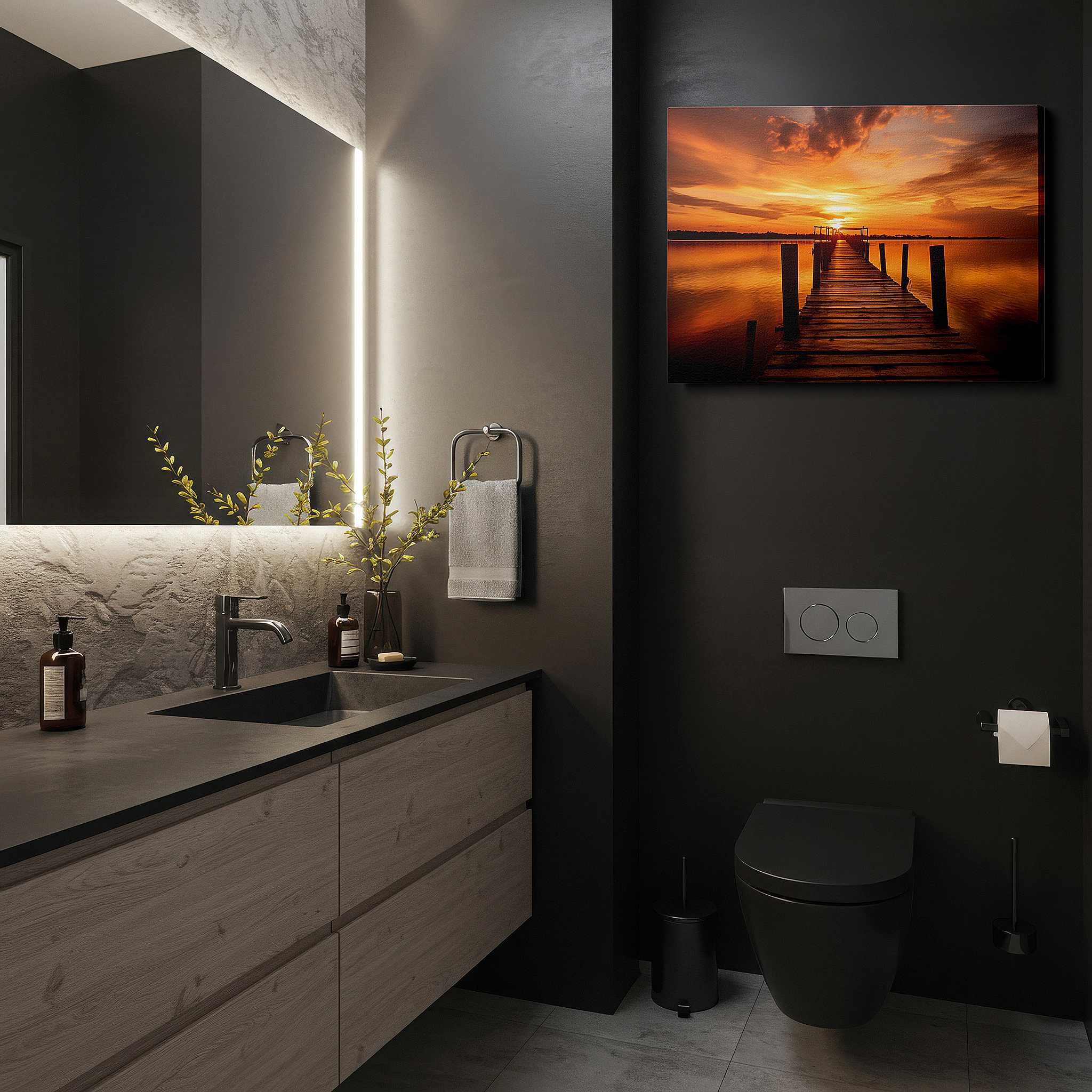 Set in a minimalist interior with textured walls and soft rugs — tranquil sunset and weathered dock wall art: serene nature reflections - large canvas for home and office decor, perfect for bedrooms