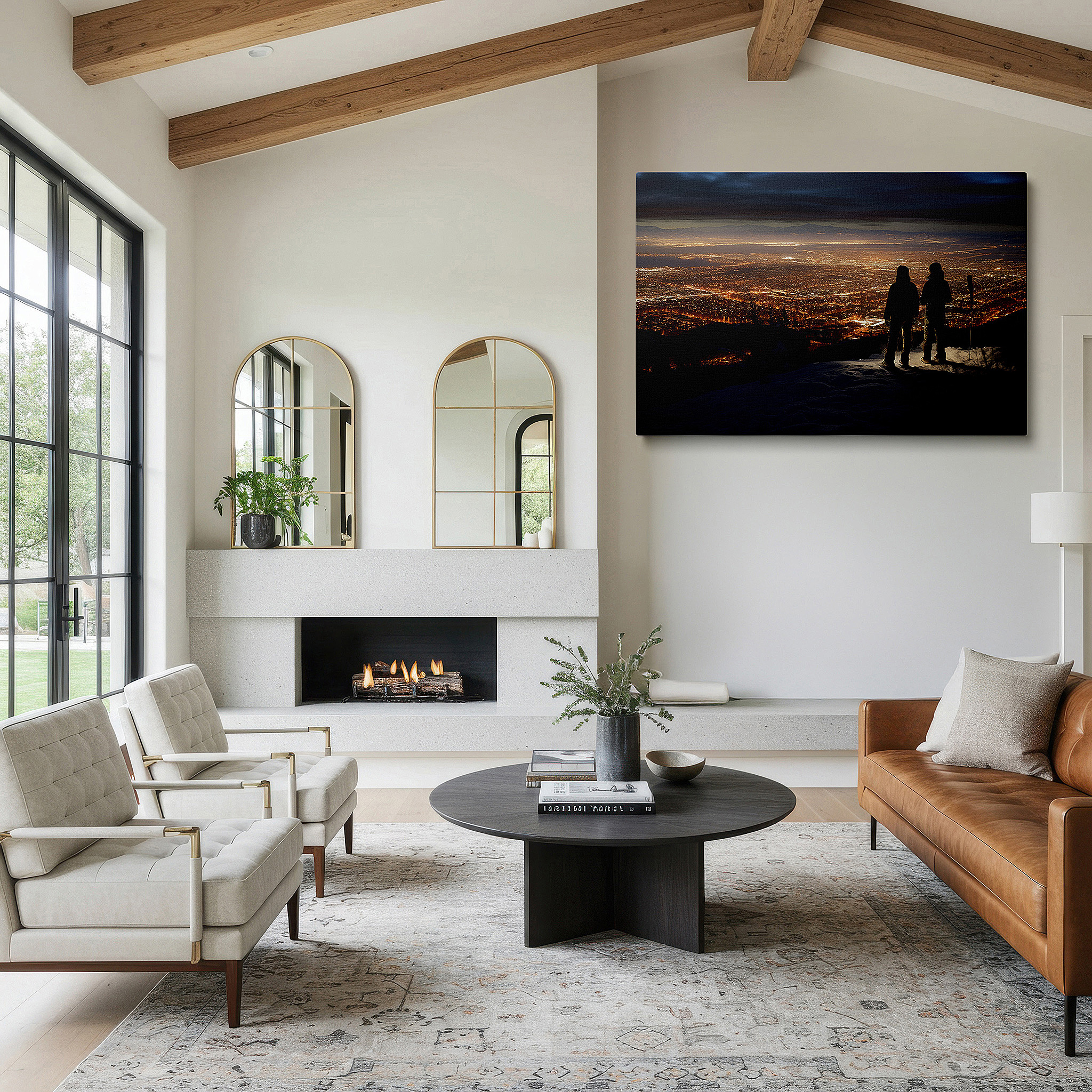 Set in a minimalist interior with textured walls and soft rugs — tranquil urban twilight silhouette large wall art, canvas decor for office, bedroom, and living room